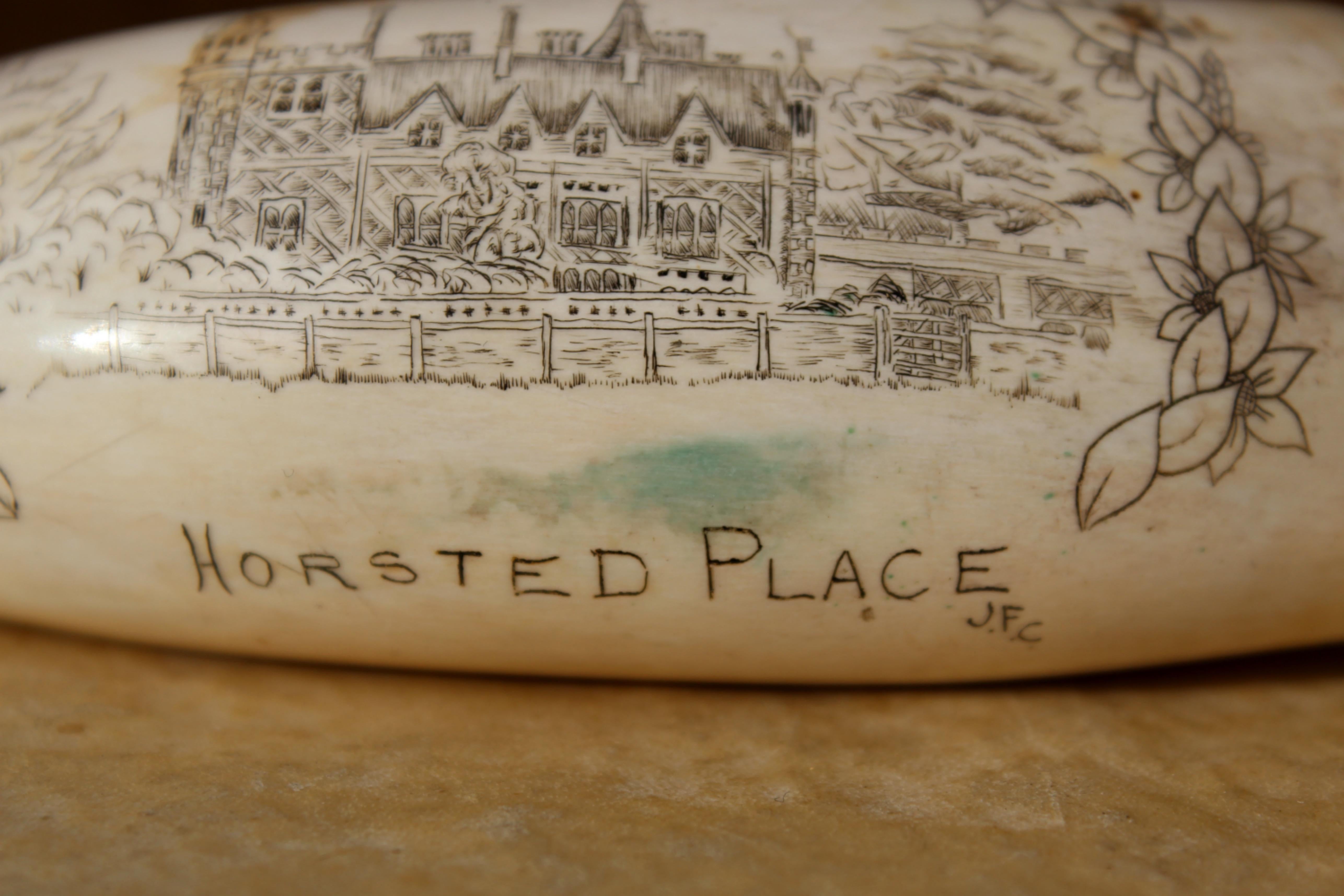 Scrimshaw Whales Tooth of Horsted Place East Sussex Hot Air Ballon & Schwein, 19. Jahrhundert 1