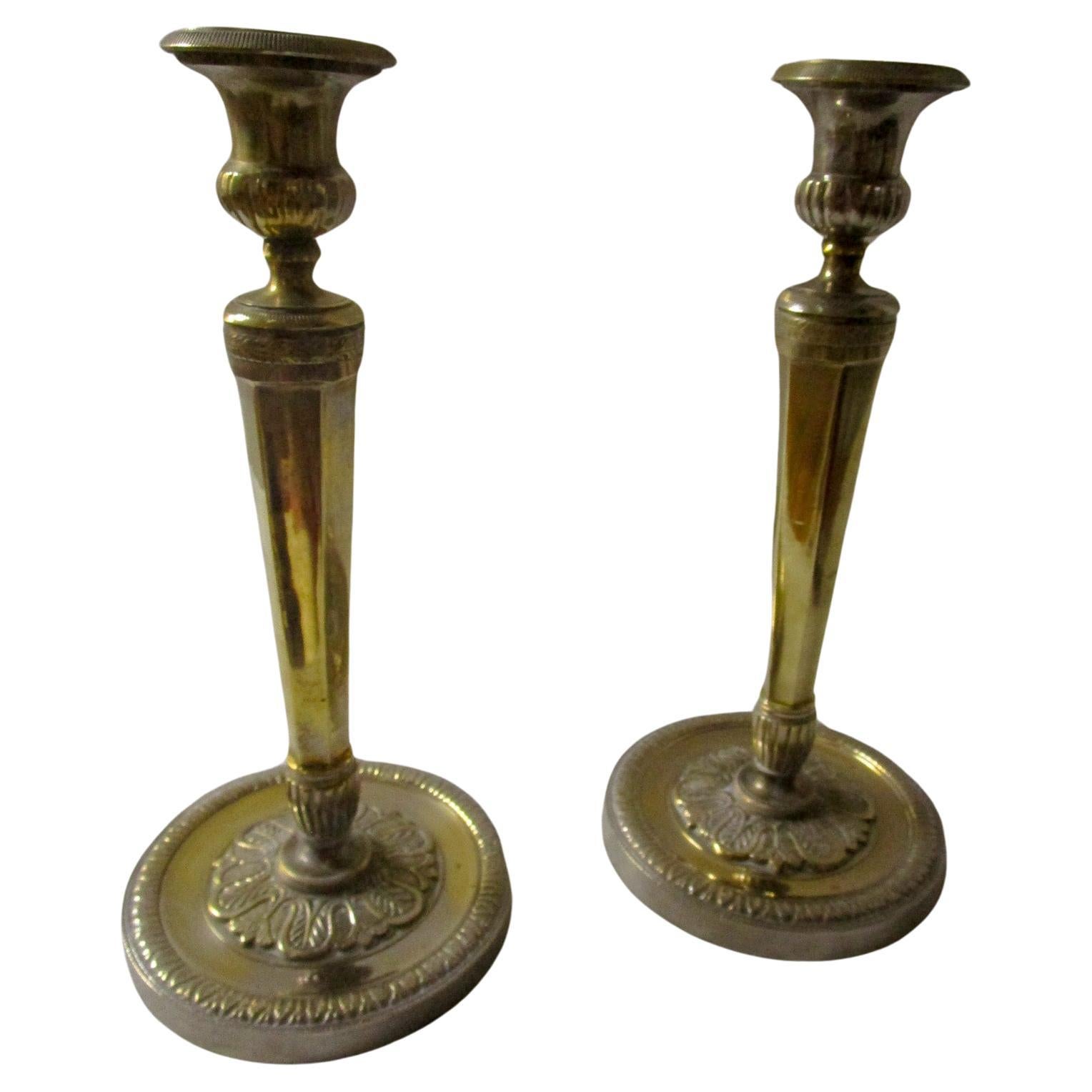 19th c Second French Empire Pair of Silver Plated Brass Candlesticks For Sale