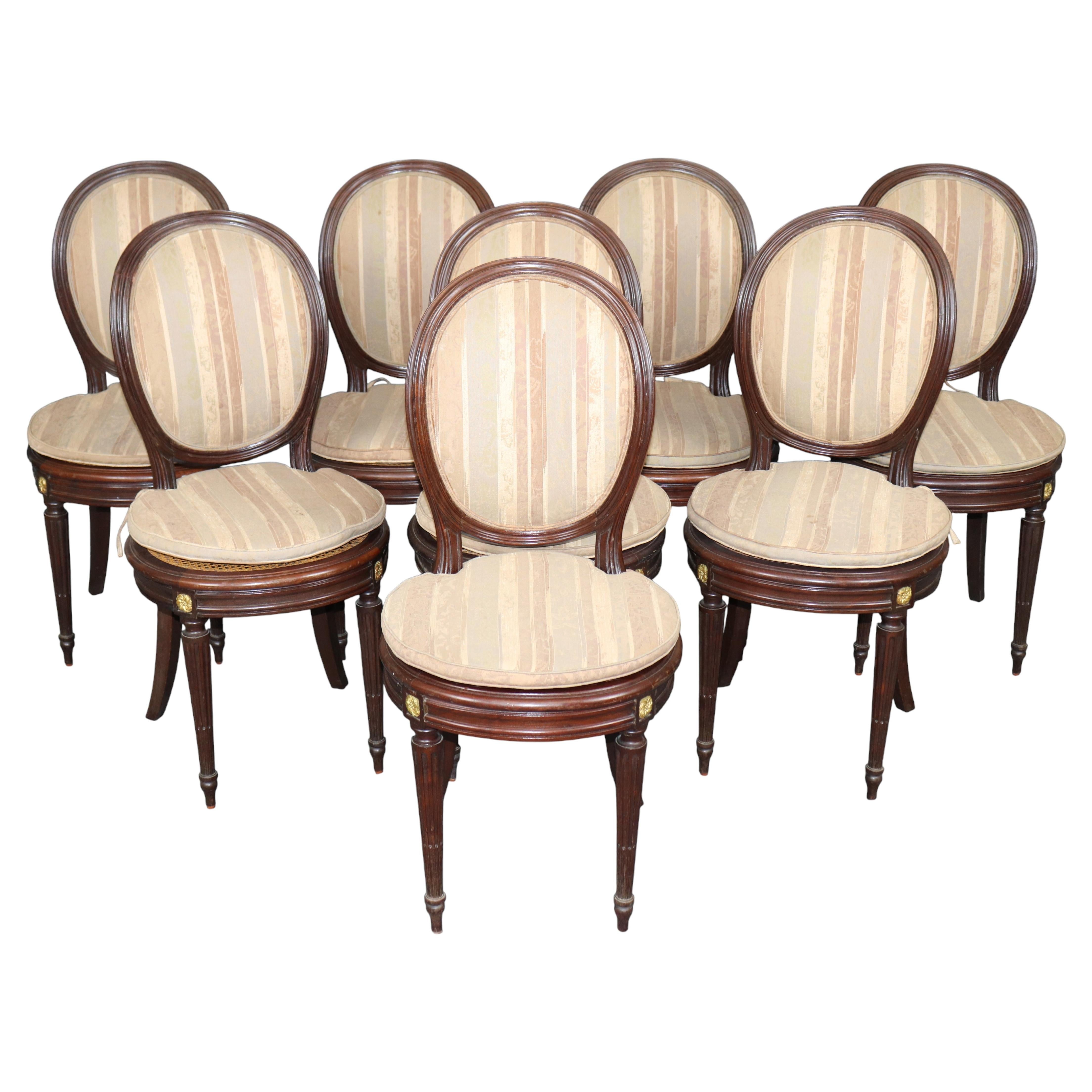 19th c set 8 French Louis XVI Cane & Upholstered Bronze Mounted Side Chairs For Sale