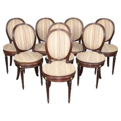 19th c set 8 French Louis XVI Cane & Upholstered Bronze Mounted Side Chairs