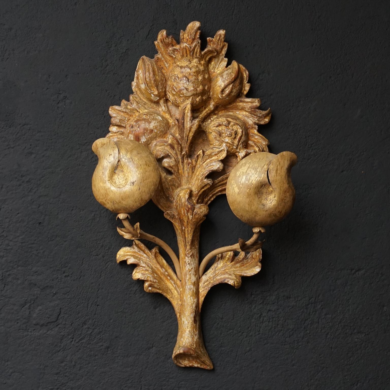 Hand-Painted 19th C. Set of Italian Carved Gilt Wood Wall Appliques with Flowers and Fruit