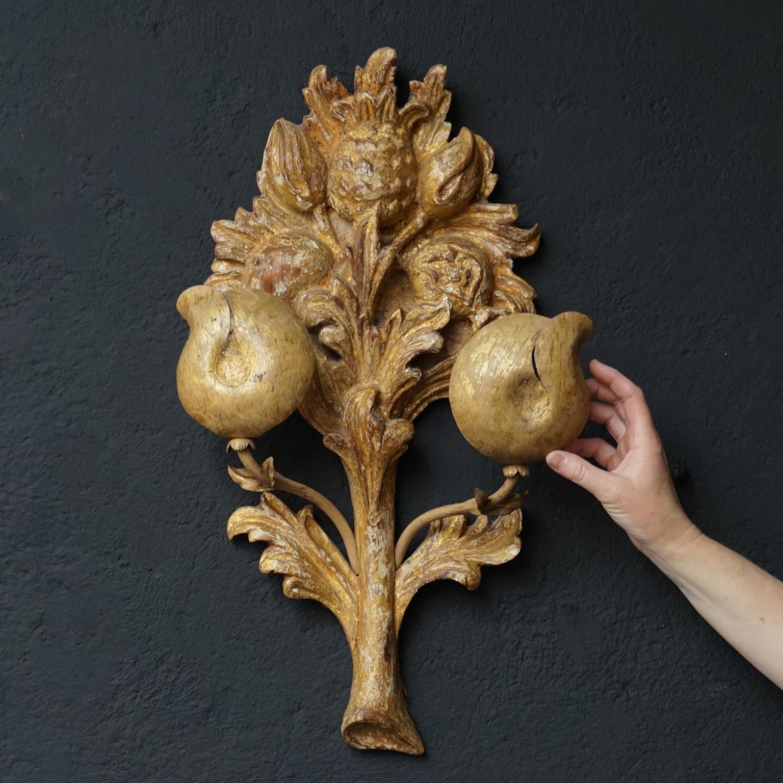 19th Century 19th C. Set of Italian Carved Gilt Wood Wall Appliques with Flowers and Fruit
