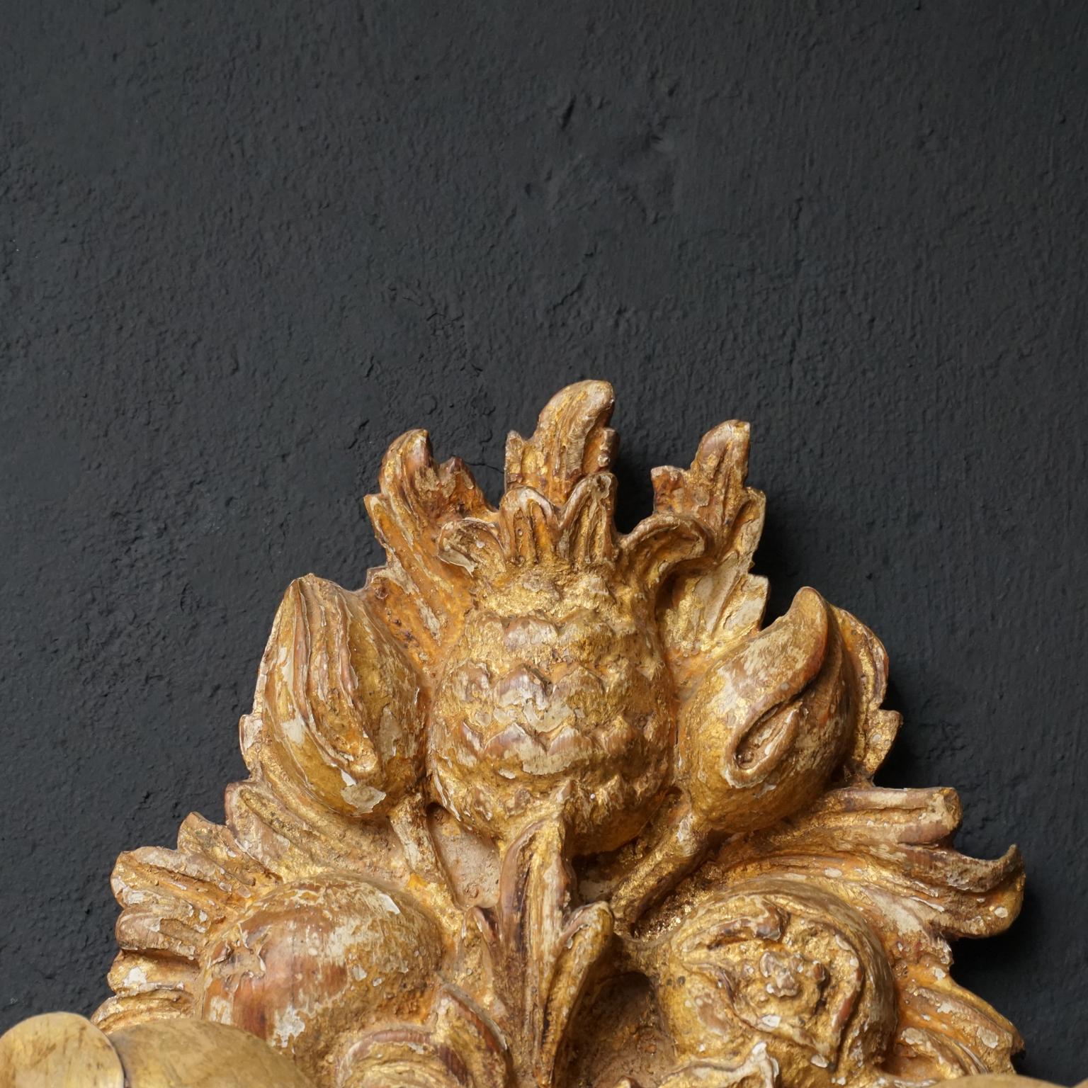 Giltwood 19th C. Set of Italian Carved Gilt Wood Wall Appliques with Flowers and Fruit