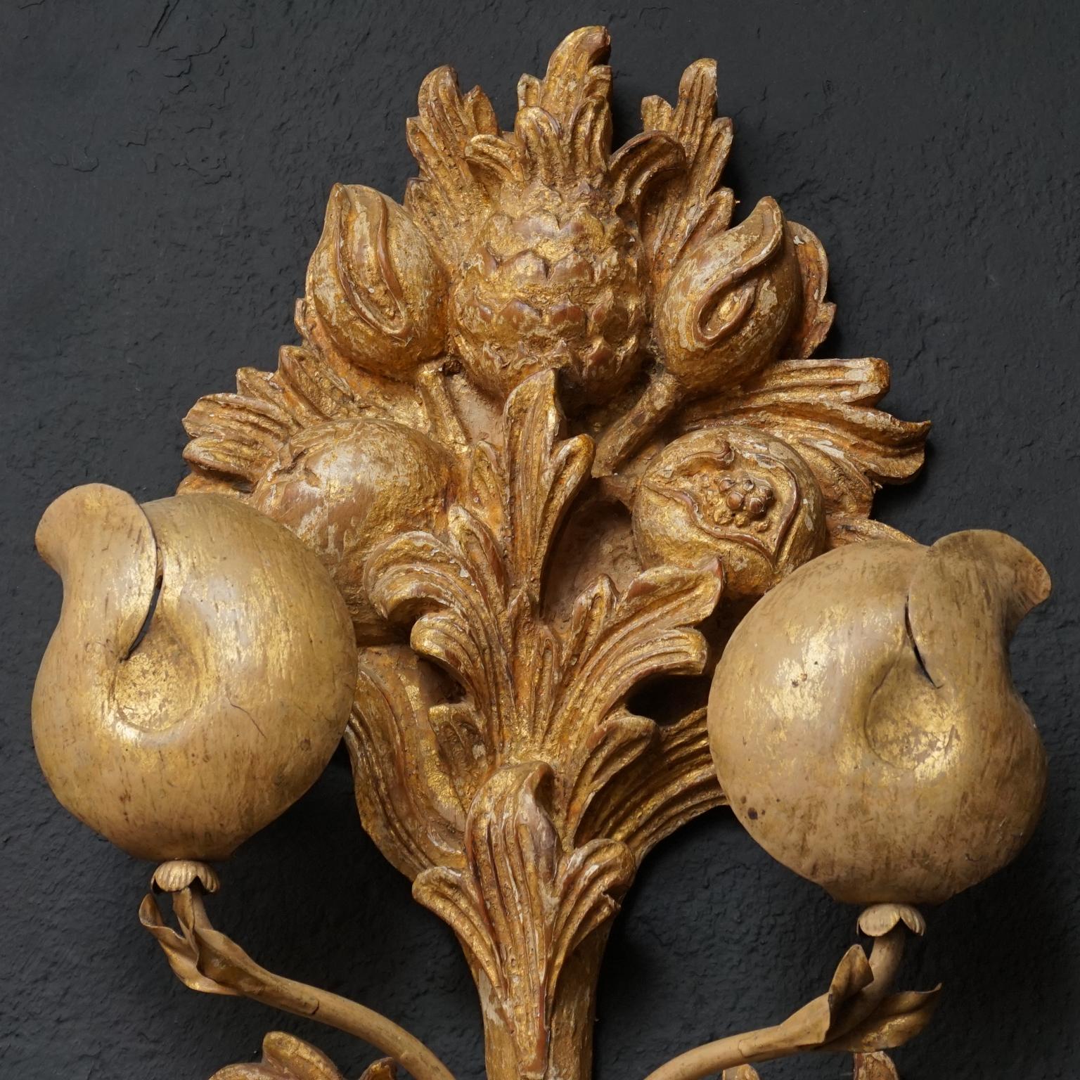 19th C. Set of Italian Carved Gilt Wood Wall Appliques with Flowers and Fruit 1