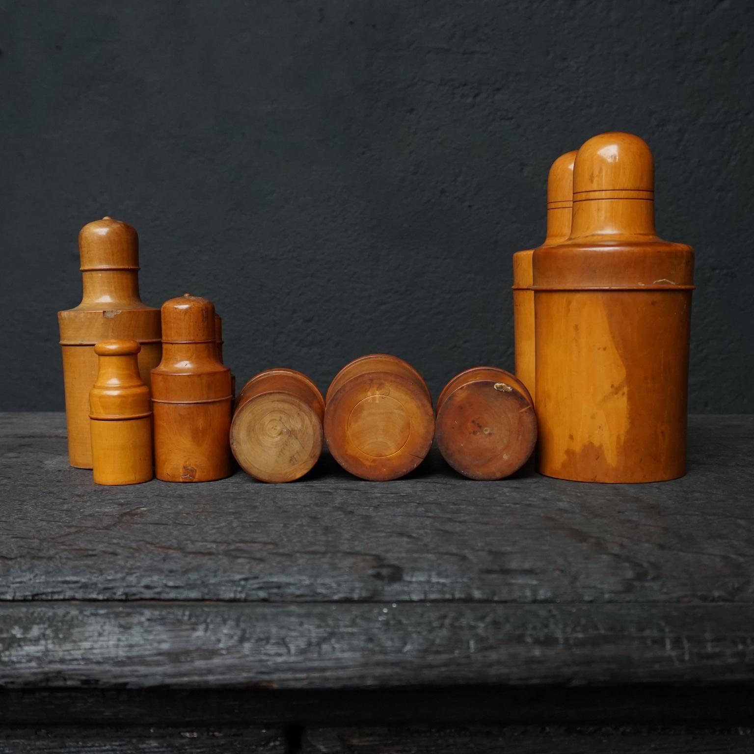 Glass Set of Nine 19th C English Victorian Treen Ware Boxwood Medicine Bottle Holders For Sale