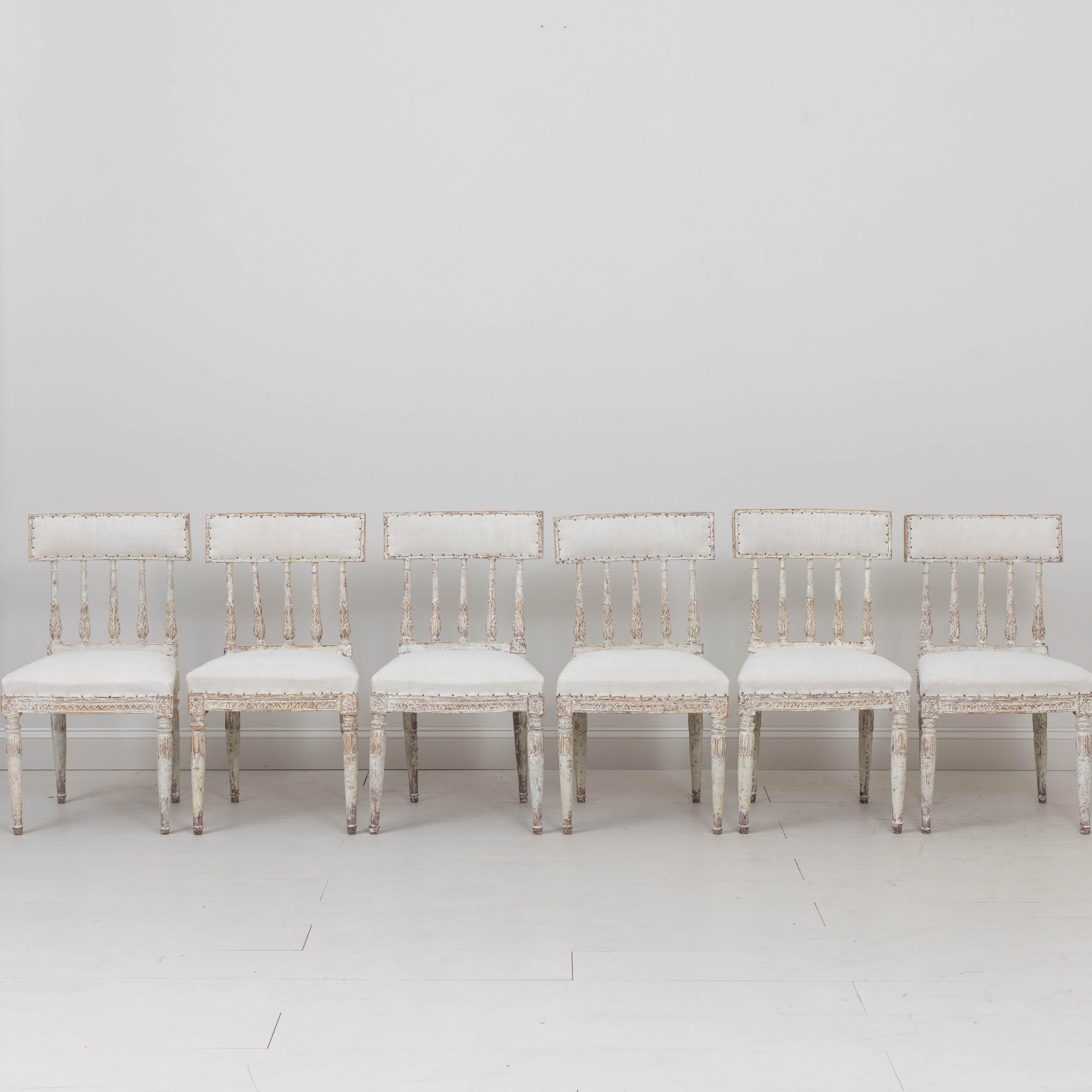 Hand-Carved 19th c. Set of Six Swedish Gustavian Period Chairs in Original Paint For Sale