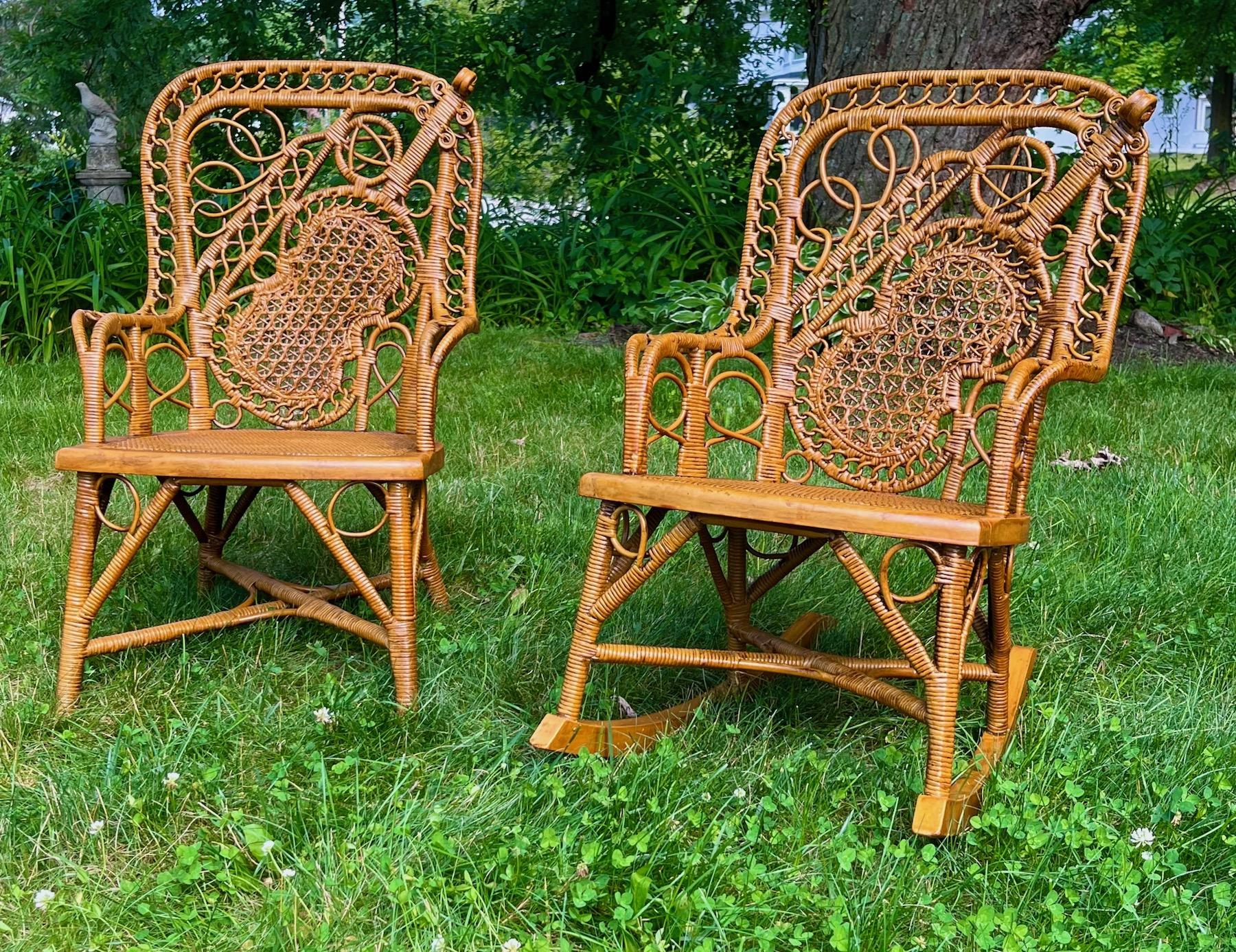 Late Victorian 19th C. Set of Three Wicker Mother and Child Musical Motif Rockers and Chair  For Sale