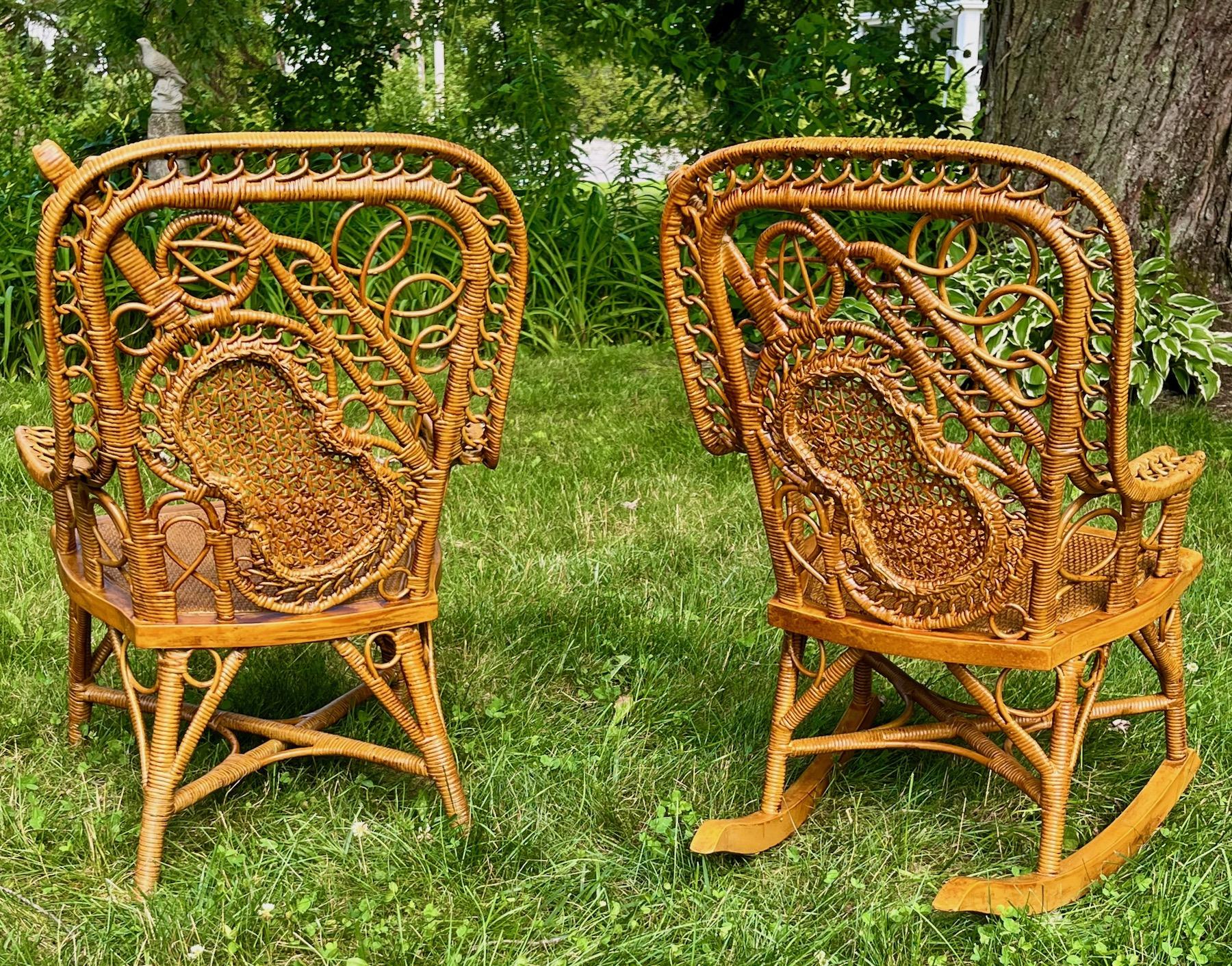American 19th C. Set of Three Wicker Mother and Child Musical Motif Rockers and Chair  For Sale