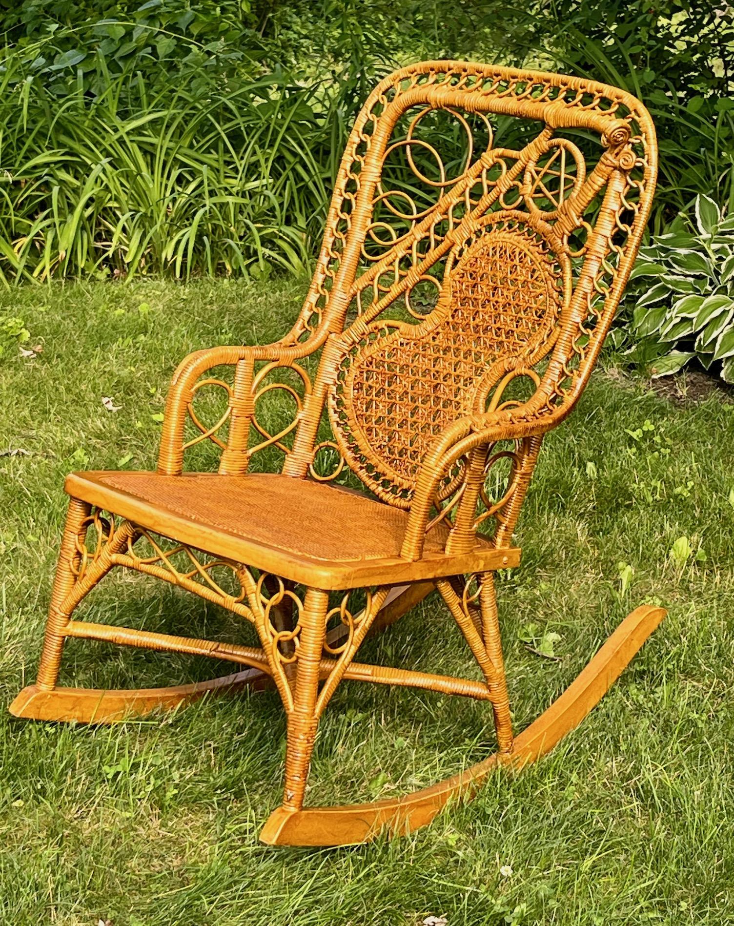 Stained 19th C. Set of Three Wicker Mother and Child Musical Motif Rockers and Chair  For Sale