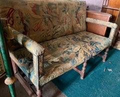 19th C Settee with Distressed Angel Fauna Tapestry Loveseat Bench Sofa