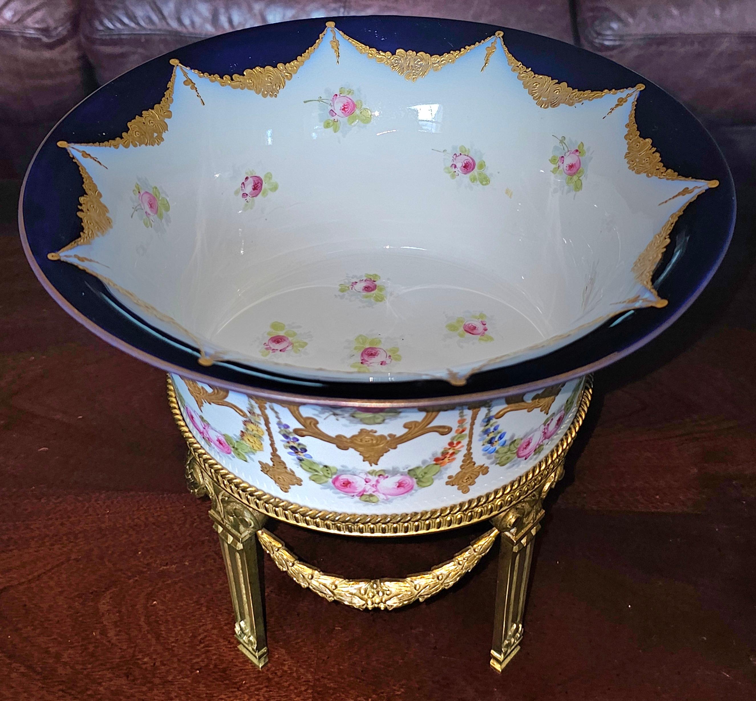 Louis XV 19th C. Sevres Porcelain Gilt Bronze Centerpiece Bowl, Signed and Numbered For Sale