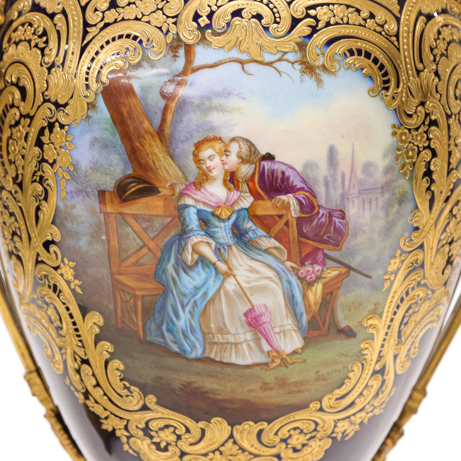 Louis XVI 19th C. Sevres Porcelain Urns with Cobalt Blue Background For Sale