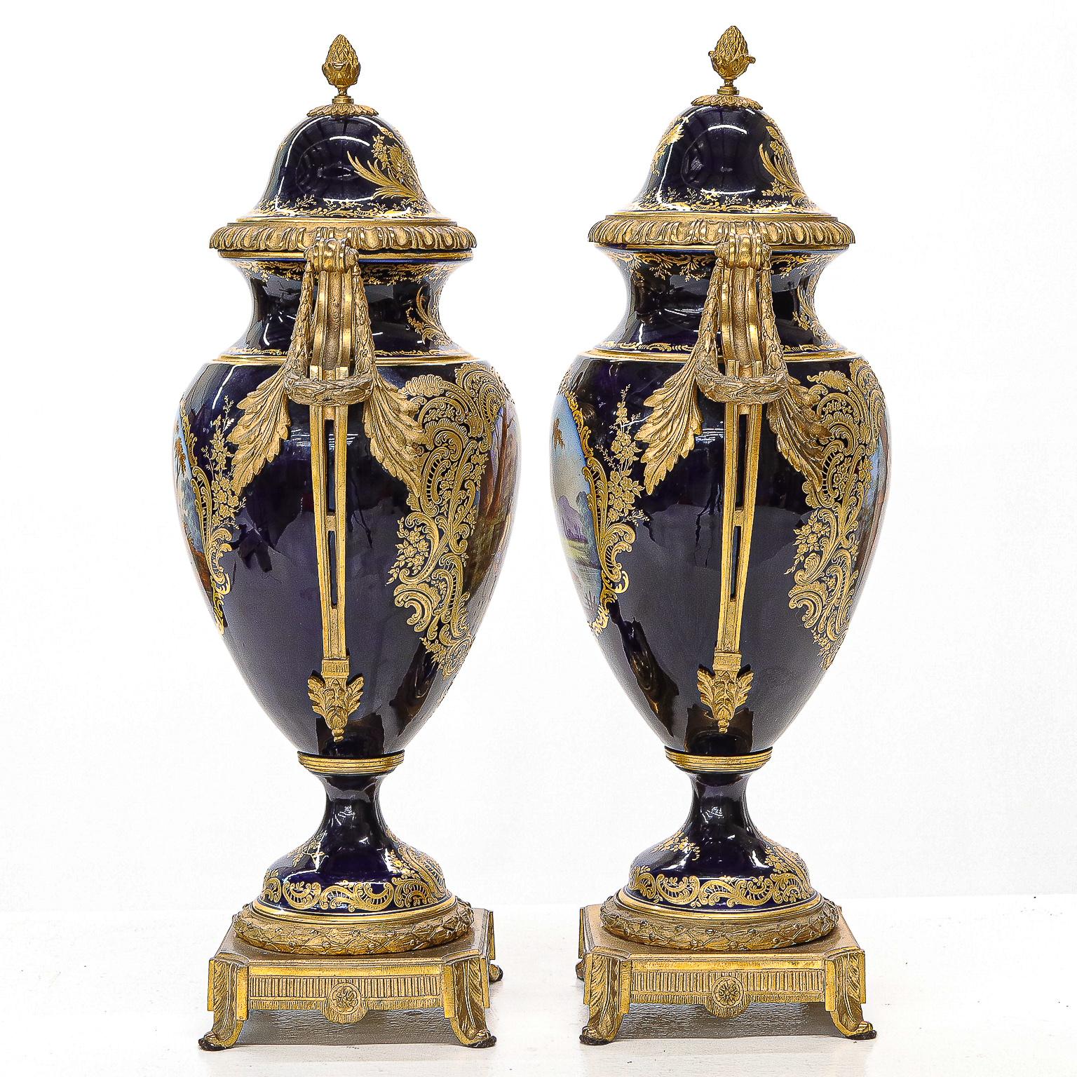19th Century 19th C. Sevres Porcelain Urns with Cobalt Blue Background For Sale