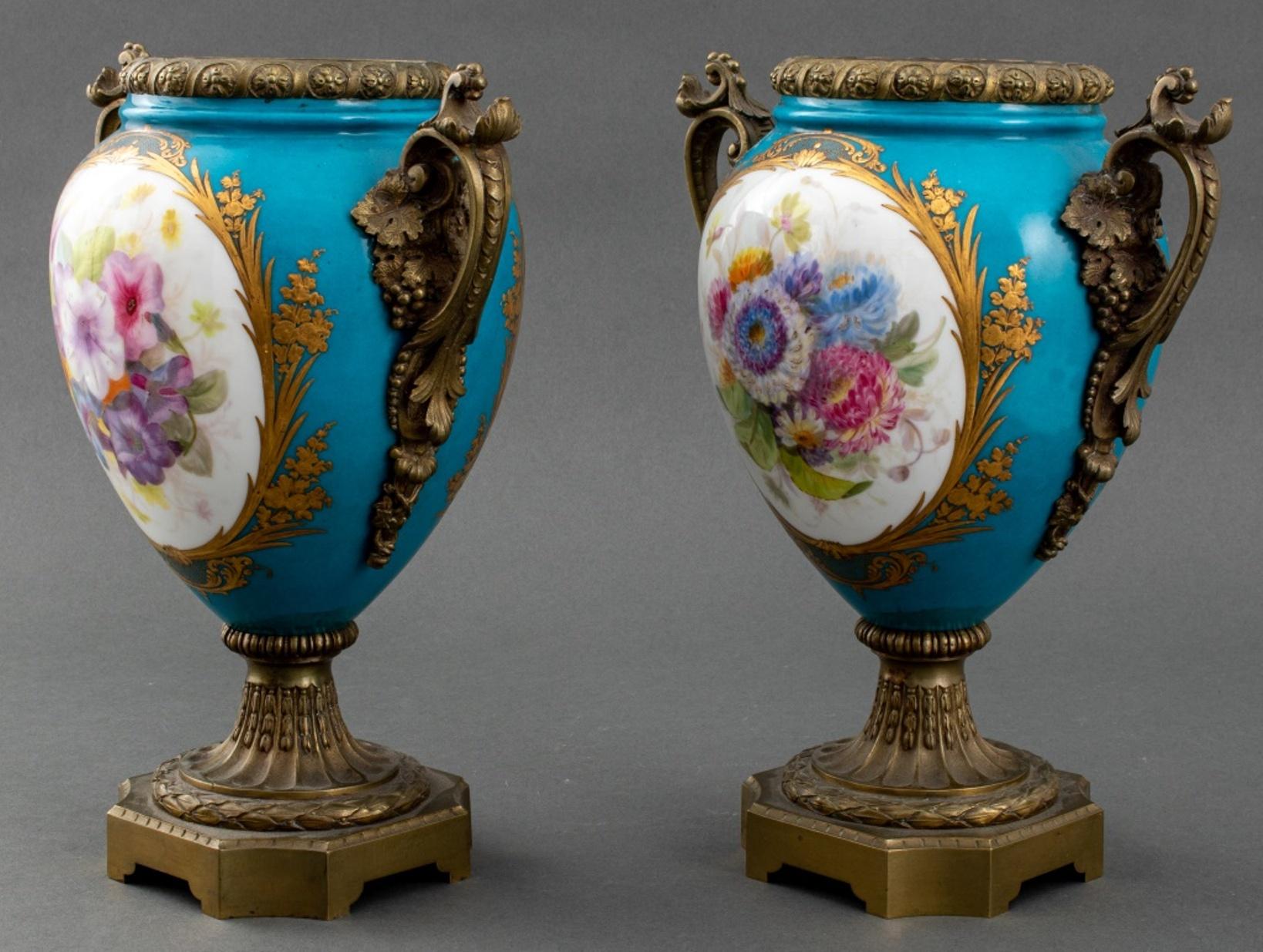 Porcelain 19th C. Sevres Style Giltmetal Mounted Vases, Pair For Sale
