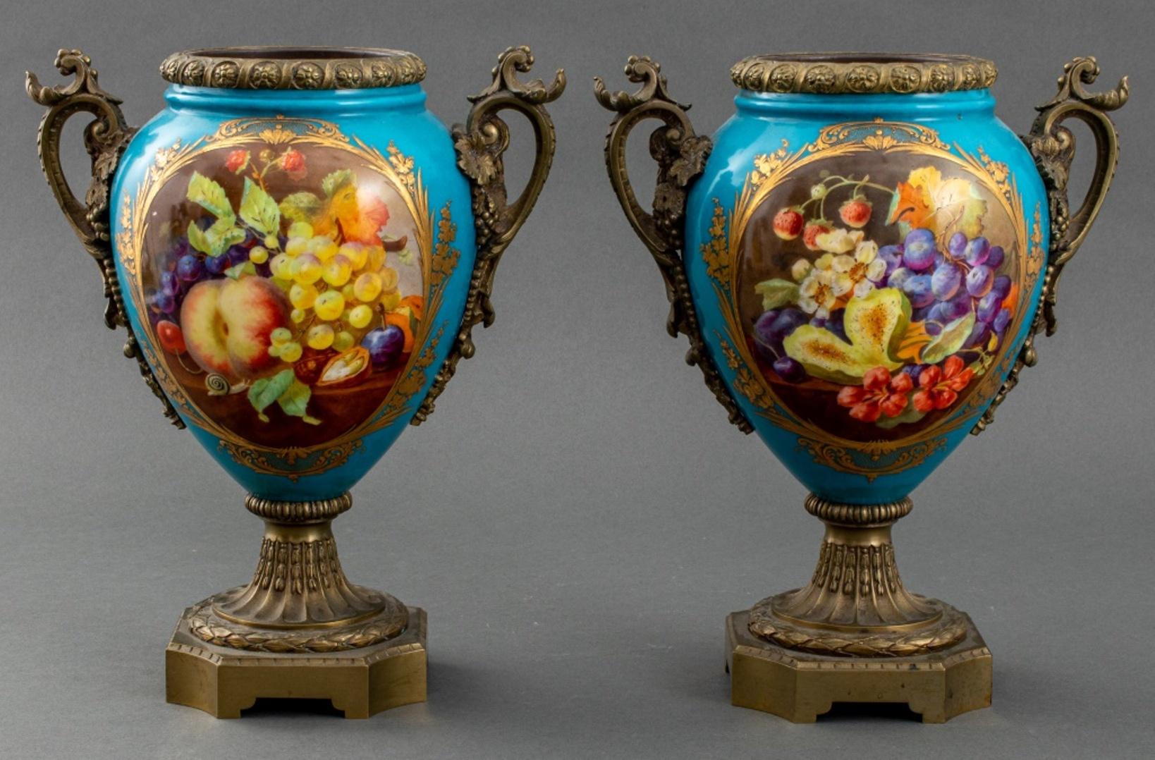 19th C. Sevres Style Giltmetal Mounted Vases, Pair For Sale 3