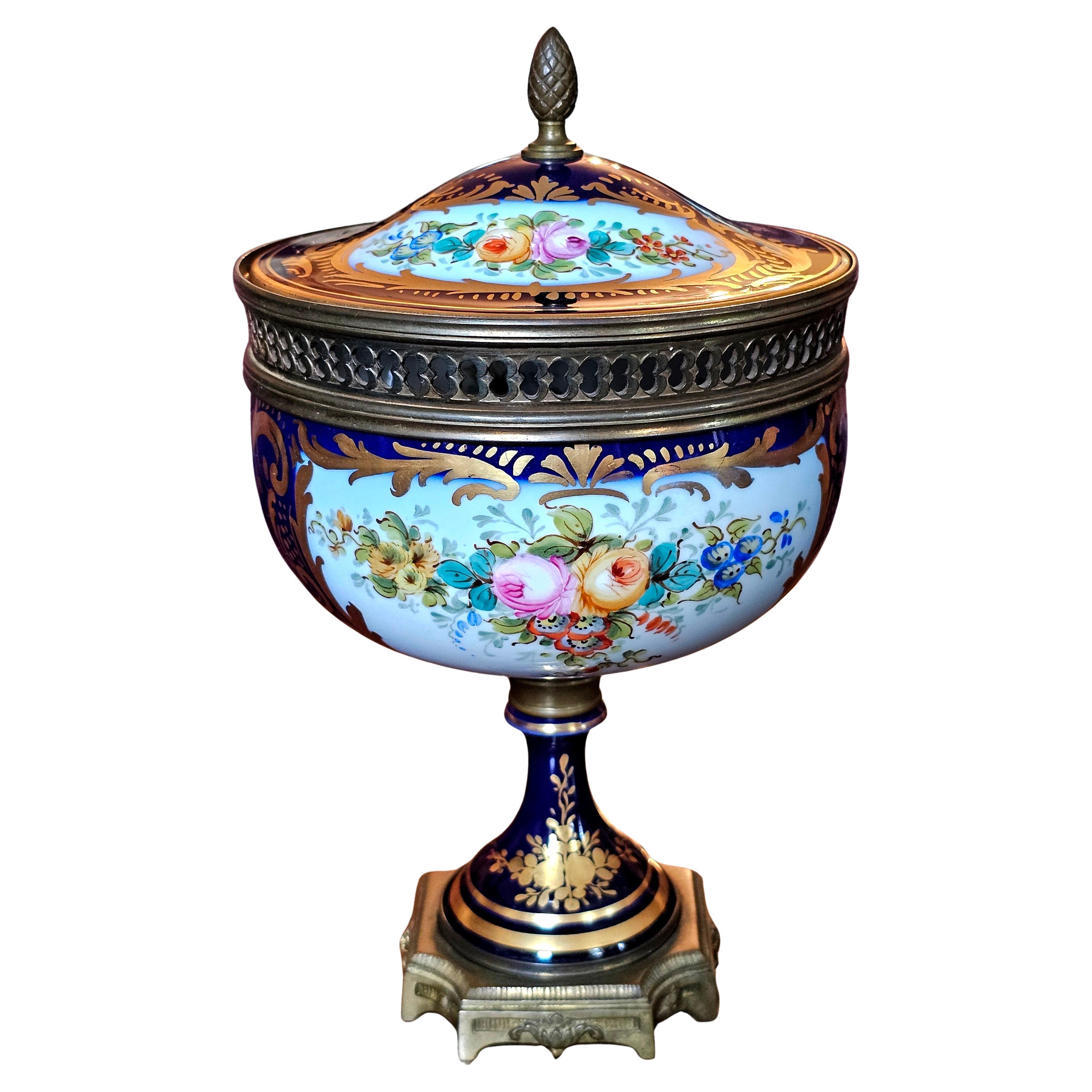 19th C. Sevres Style Porcelain Painted Mounted Chateau des Tuileries Style Urn For Sale