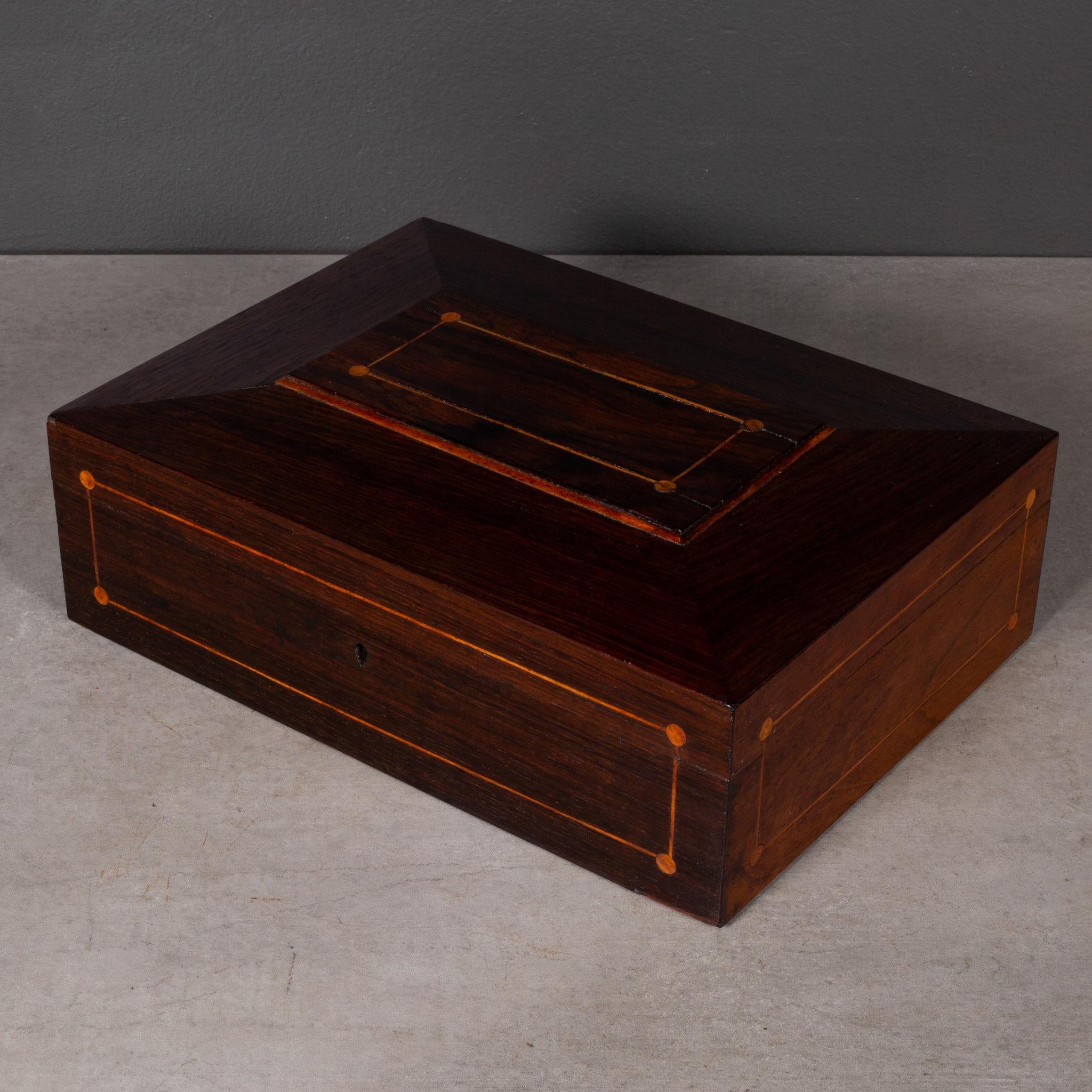 ABOUT

A 19th century Mahogany veneer Shaker sewing box with Maple inlay on the top and sides.

    CREATOR Shaker community.
    DATE OF MANUFACTURE c.1800s.
    MATERIALS AND TECHNIQUES Mahogany Veneer, Maple Inlay.
    CONDITION Good. Wear