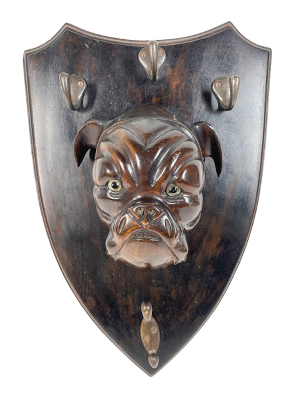 19th C Shield-Backed Lead/Leash Holder, Carved Wood Bulldog Head with Glass Eyes In Good Condition For Sale In Chapel Hill, NC