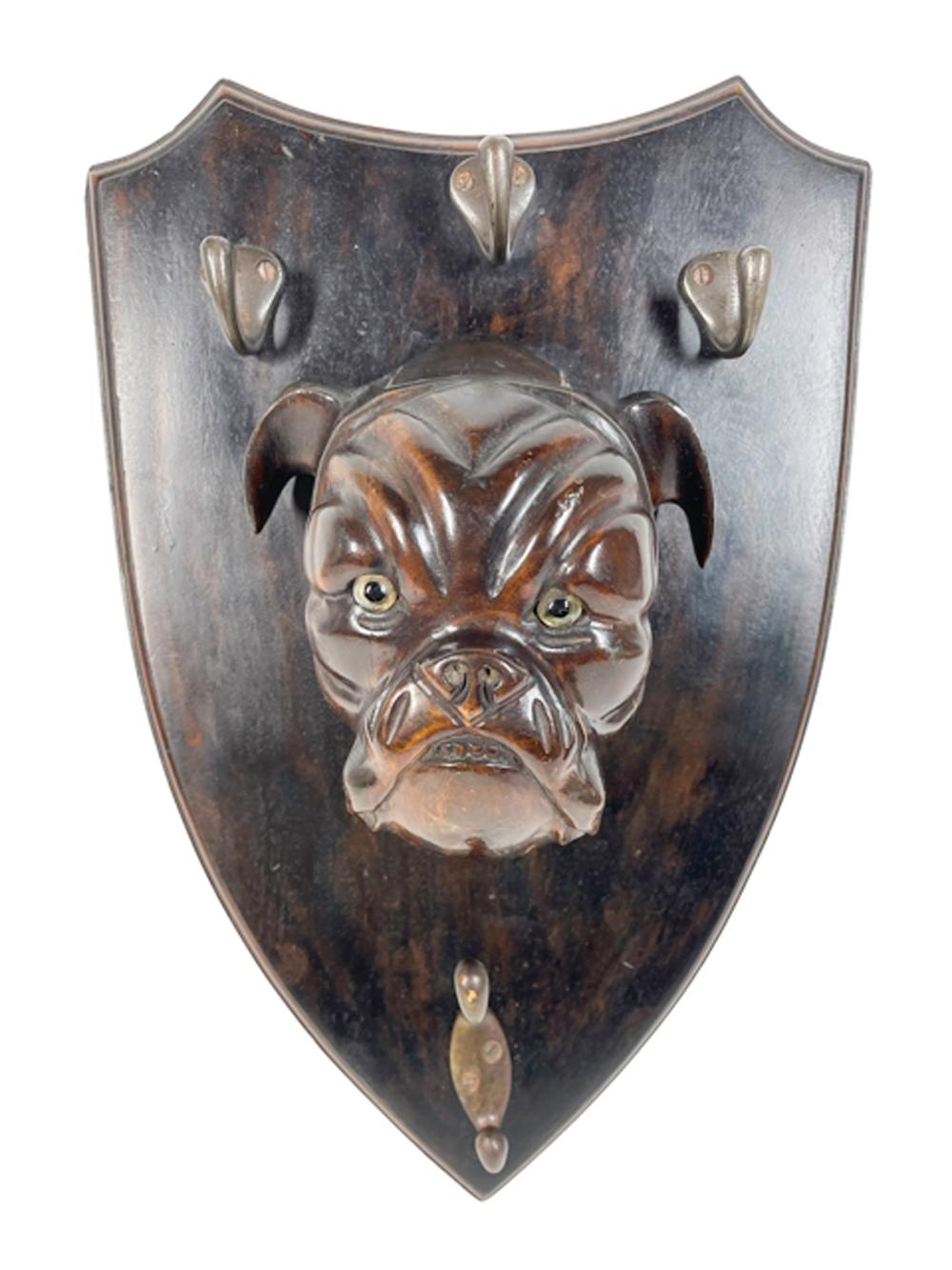 19th Century 19th C Shield-Backed Lead/Leash Holder, Carved Wood Bulldog Head with Glass Eyes For Sale