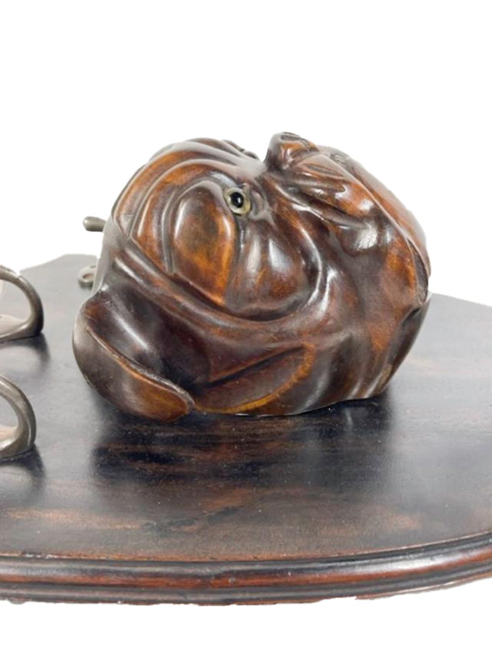 19th C Shield-Backed Lead/Leash Holder, Carved Wood Bulldog Head with Glass Eyes For Sale 2