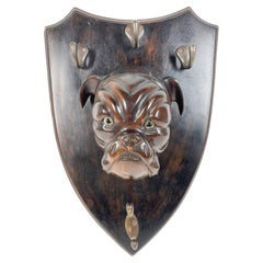 19th C Shield-Backed Lead/Leash Holder, Carved Wood Bulldog Head with Glass Eyes