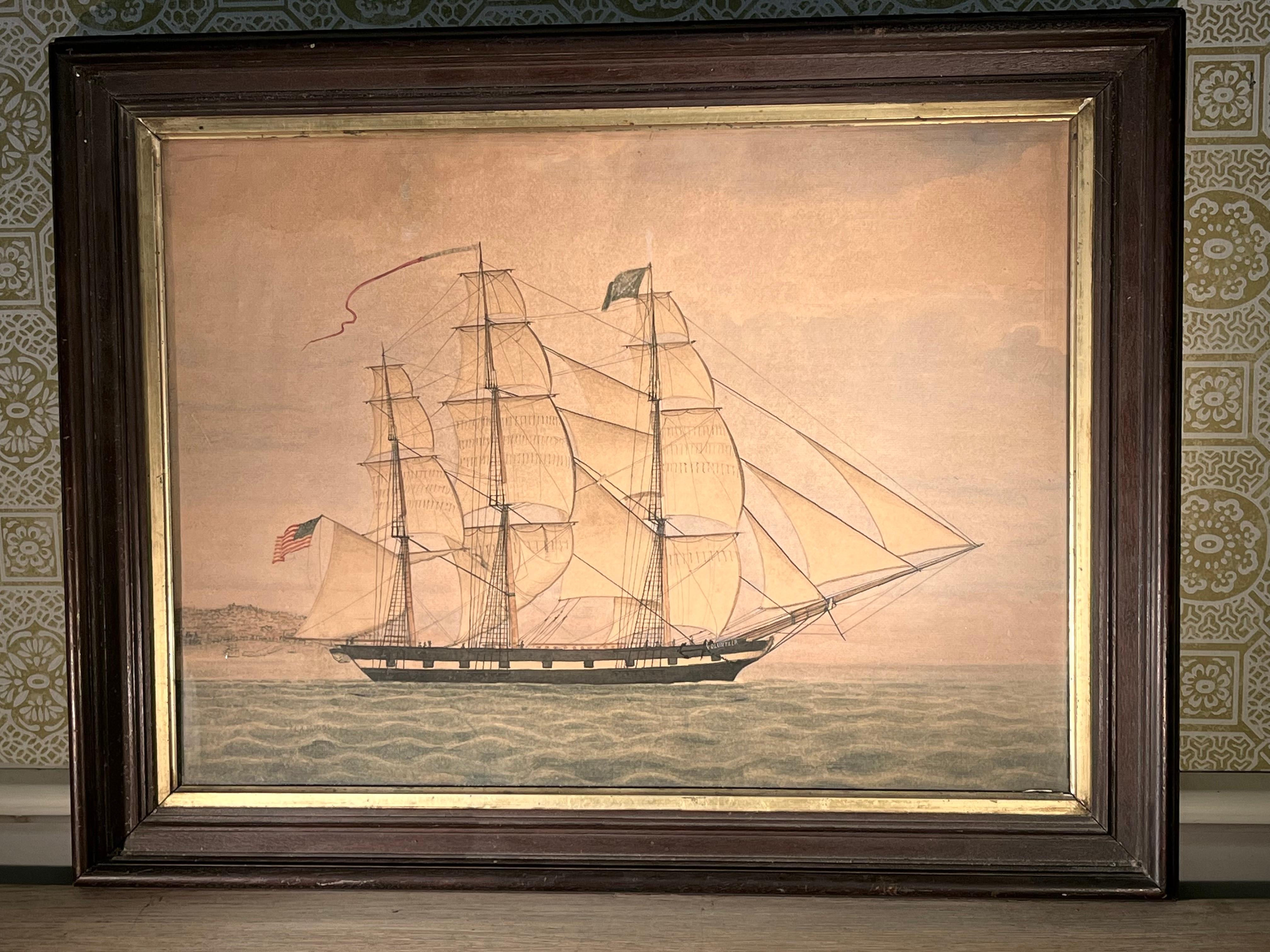 A mid 19th century or earlier watercolor painting on paper of the frigate “Volunteer” flying the American flag and a single flag depicting a star composed of stars. Signed indistinctly LA BRIOSS lower left. Nice condition, framed under glass in a