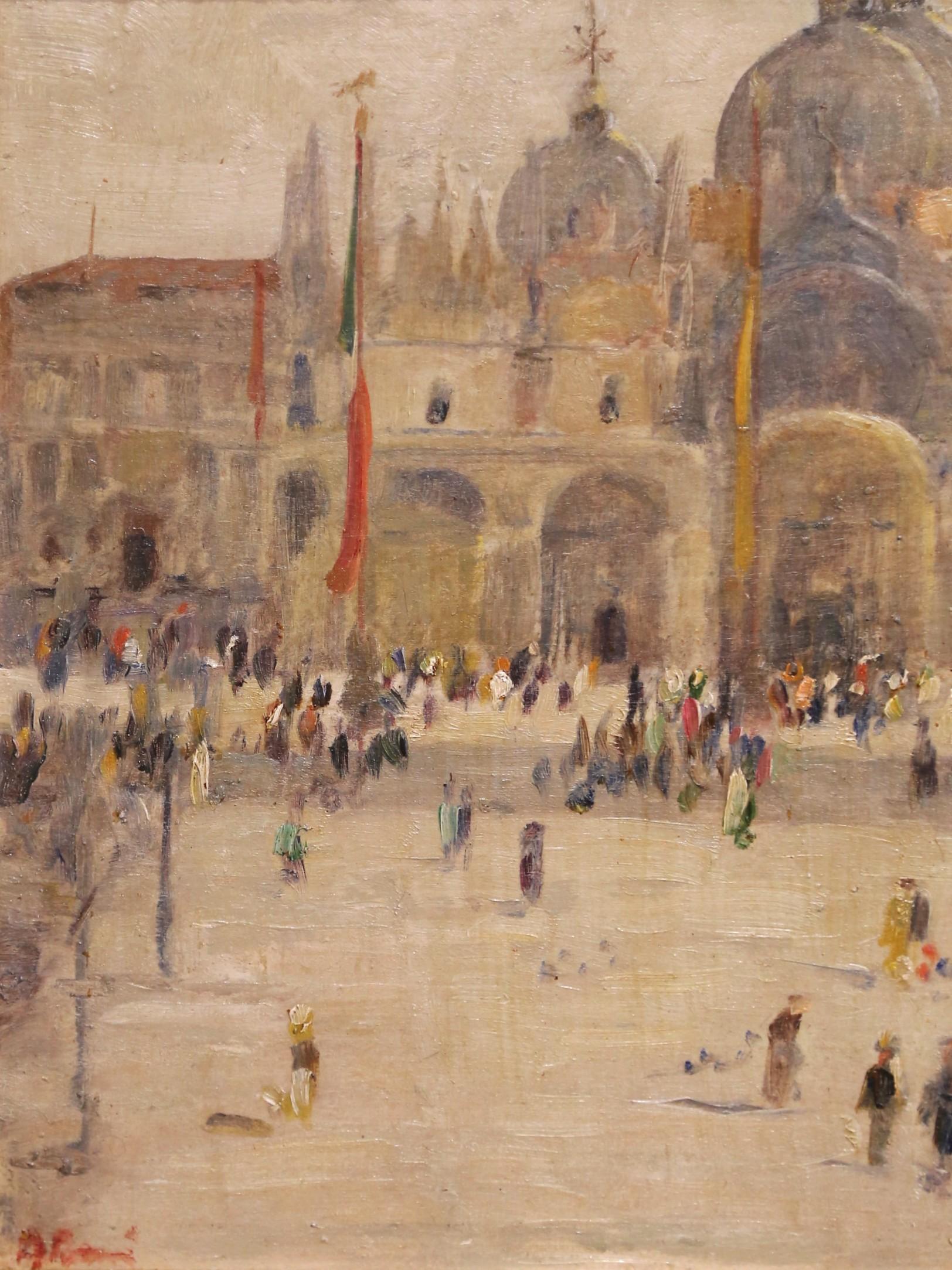 Sculpté A.I.C. Venetian Impressionist Painting of St. Mark's Square, 19e siècle, signé en vente