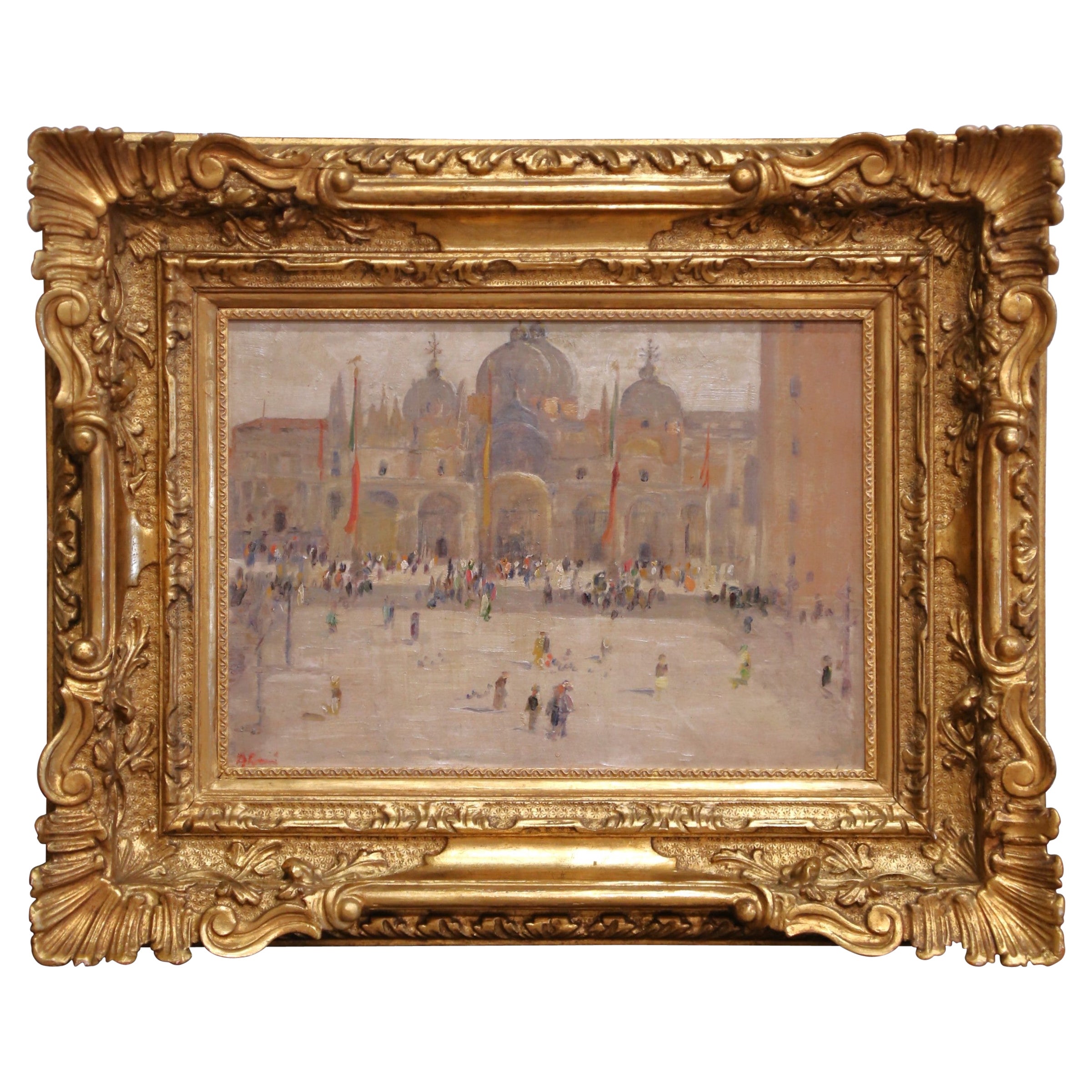 A.I.C. Venetian Impressionist Painting of St. Mark's Square, 19e siècle, signé en vente