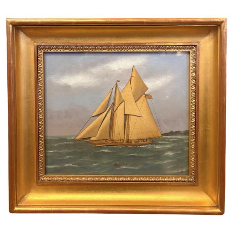 19. Jh. Seidengestickte und handgemalte Seelandschaft von Thomas Willis, um 1890