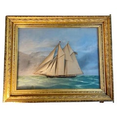 Antique 19th C. Silk Embroidered and Hand Painted Seascape by Thomas Willis
