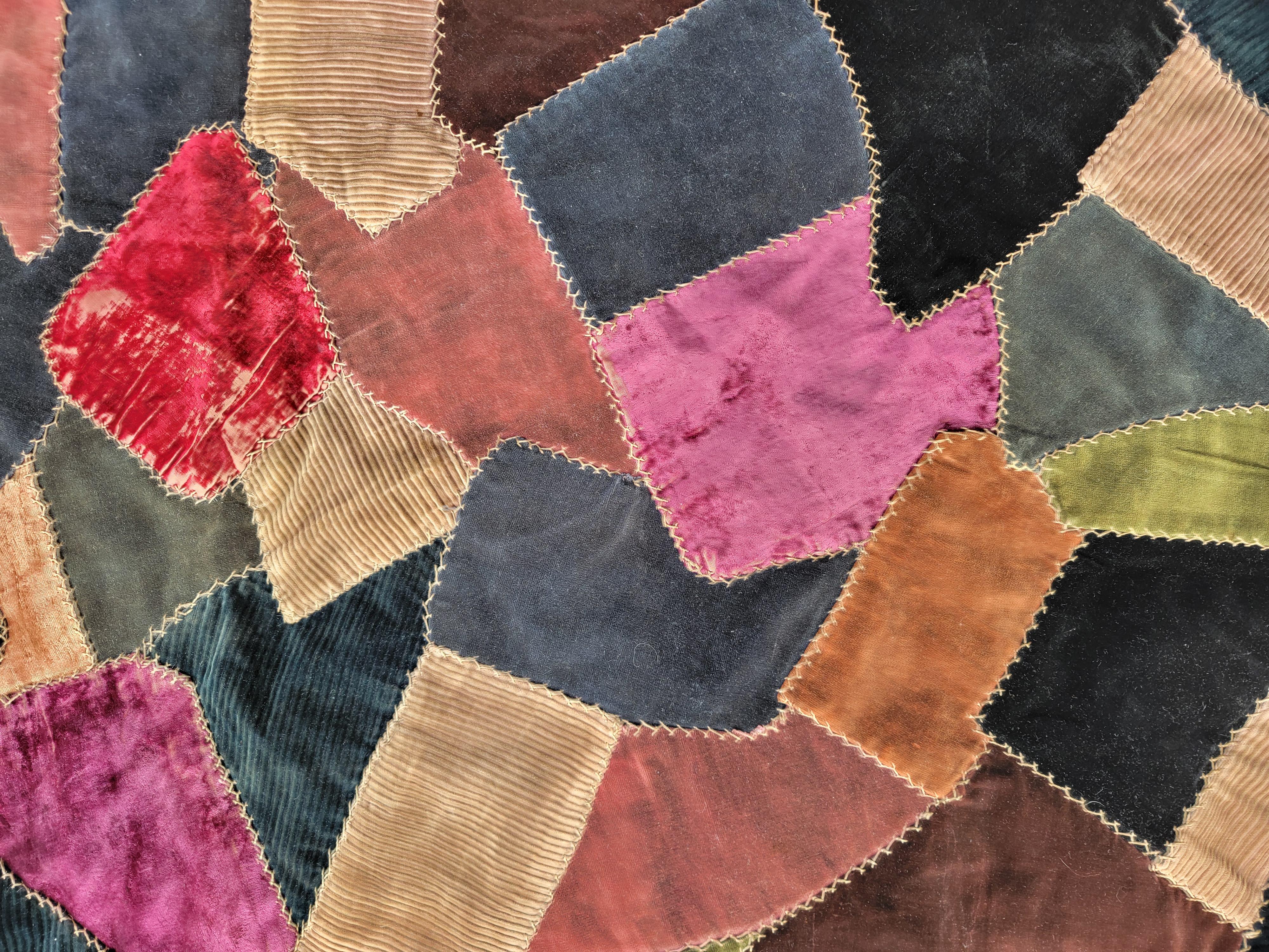 Hand-Crafted 19th C Silk & Velvet Hired Hands Quilt For Sale