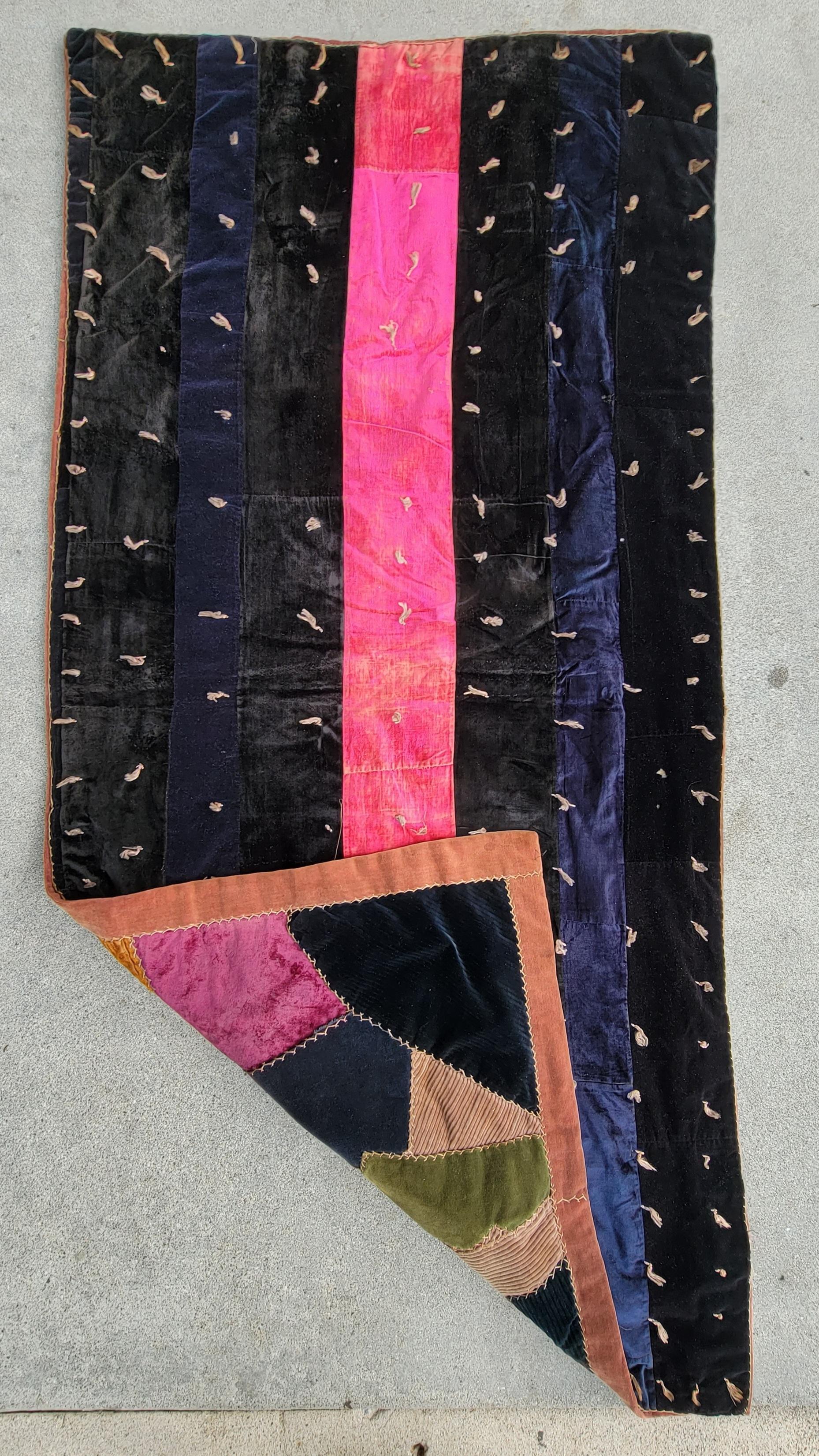 19th Century 19th C Silk & Velvet Hired Hands Quilt For Sale