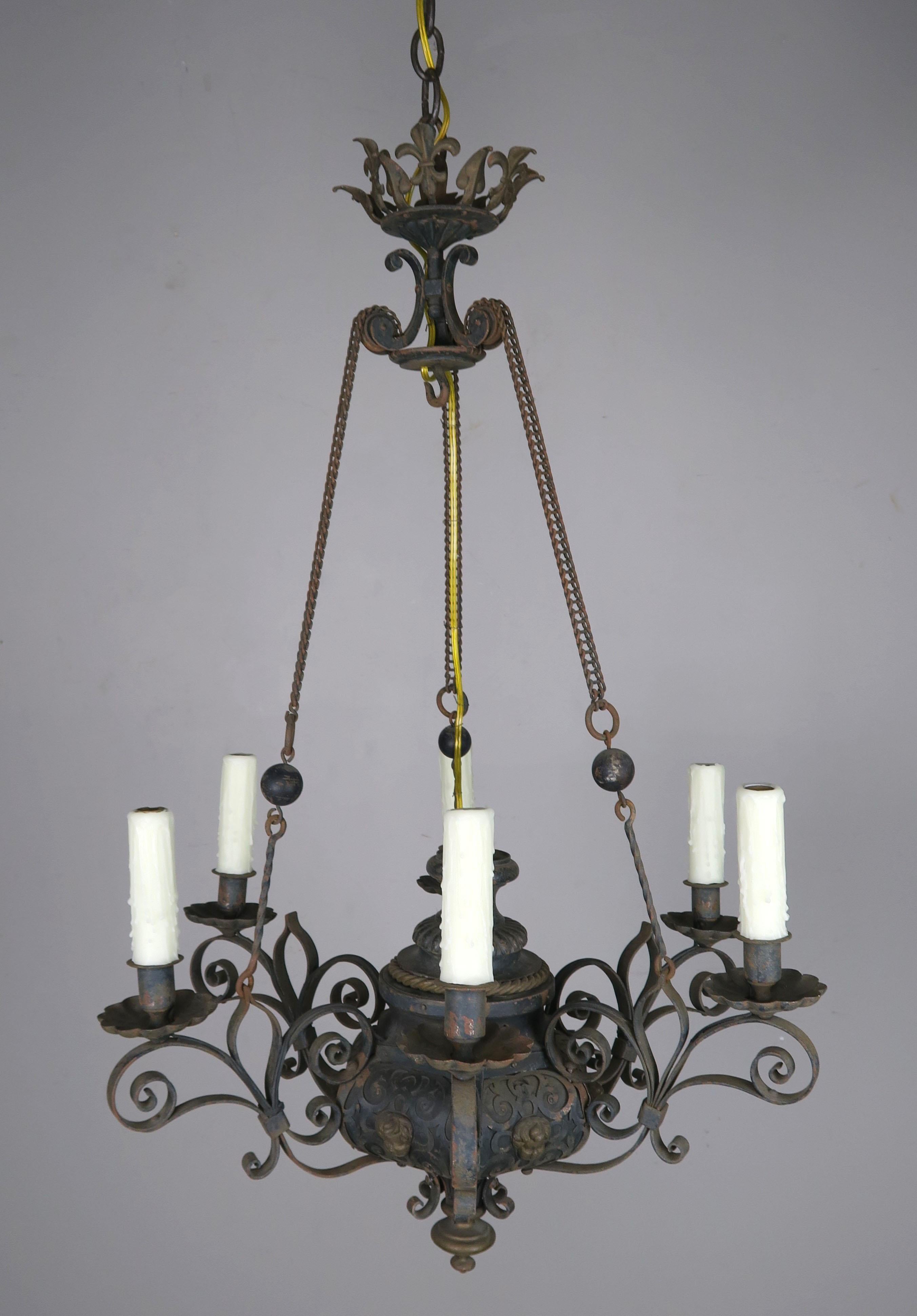 Baroque Revival 19th Century Six-Light French Chandelier with Cherubs and Fleur-de-Lis