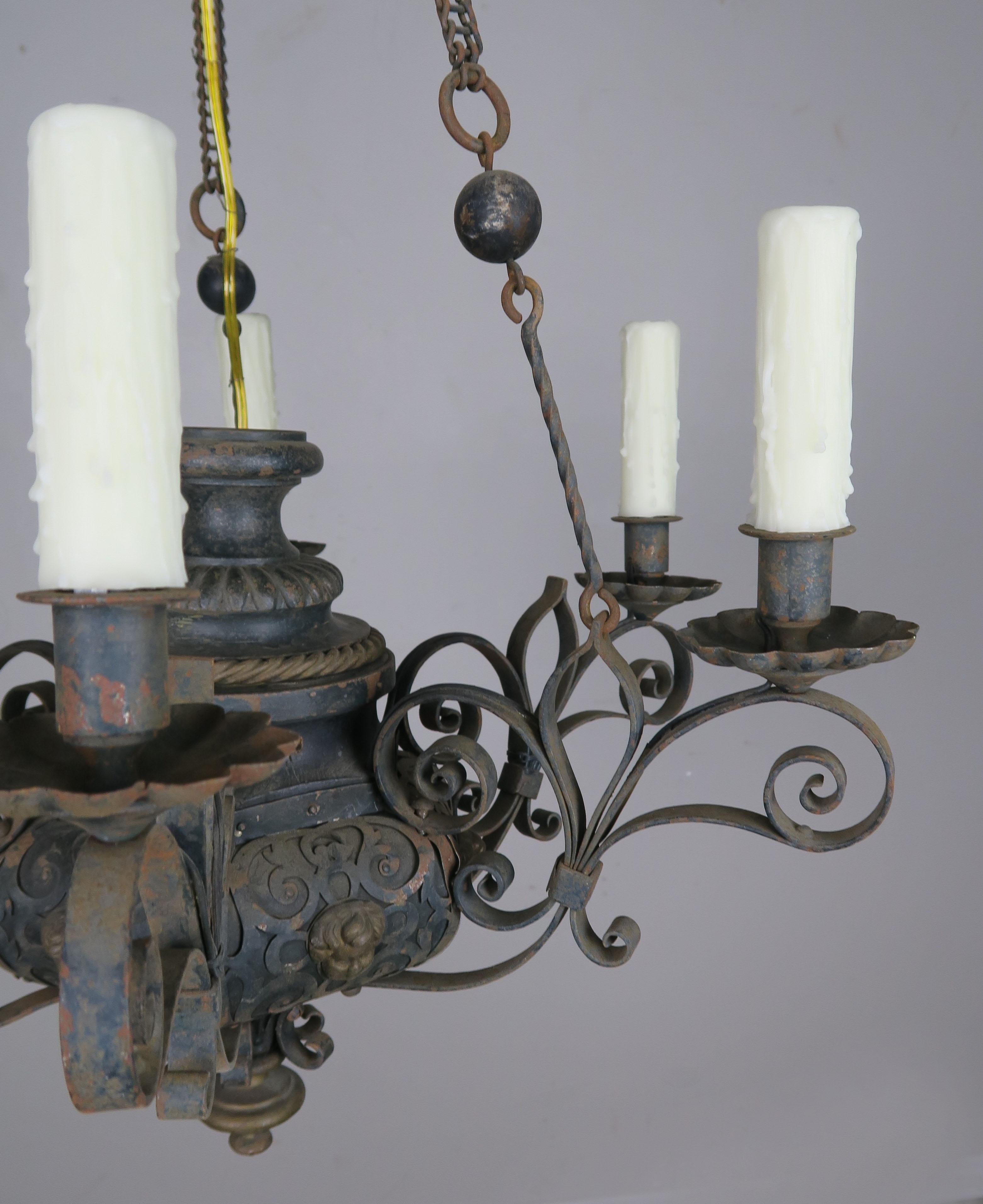 Wrought Iron 19th Century Six-Light French Chandelier with Cherubs and Fleur-de-Lis