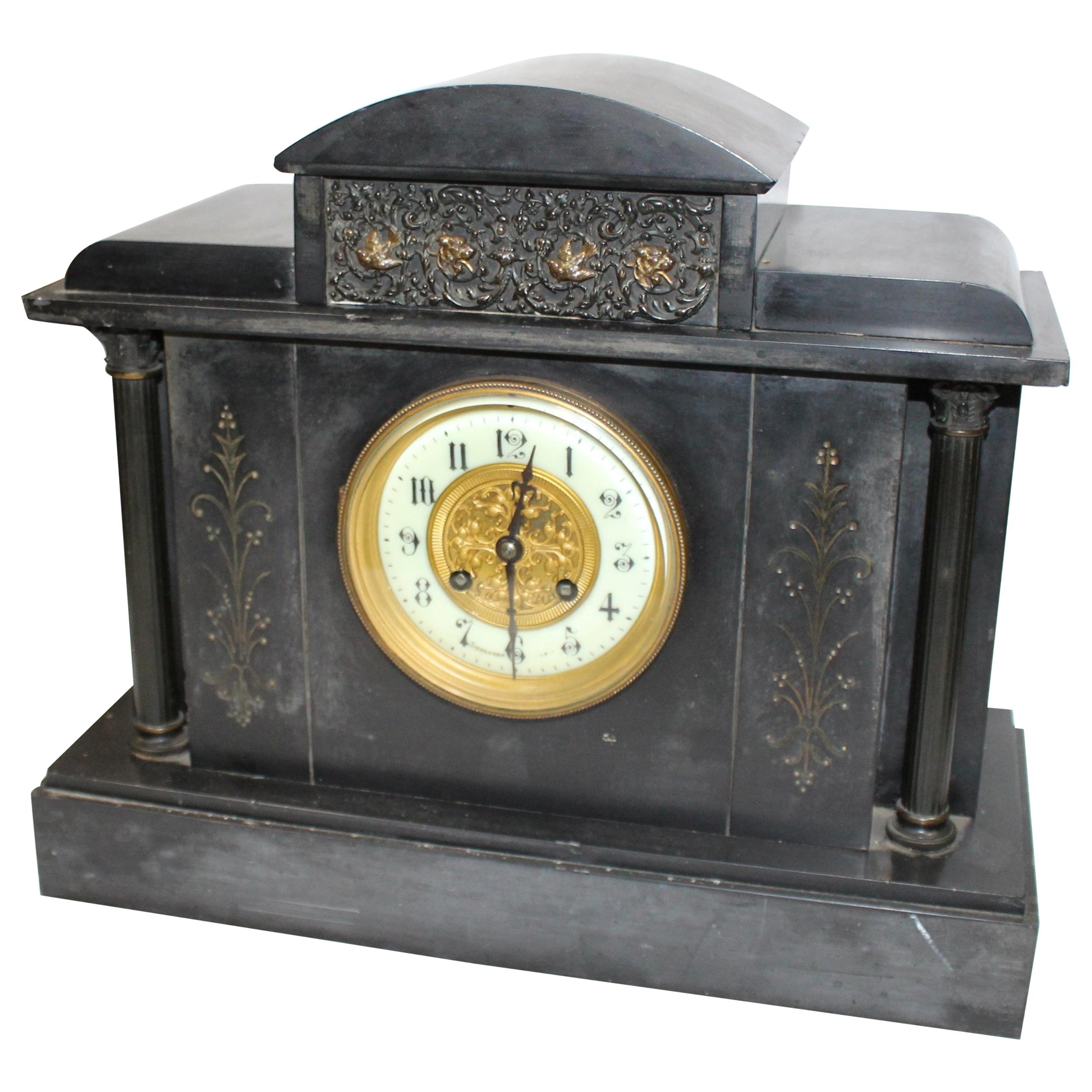 19th Century Slate Marble Temple Mantle Clock