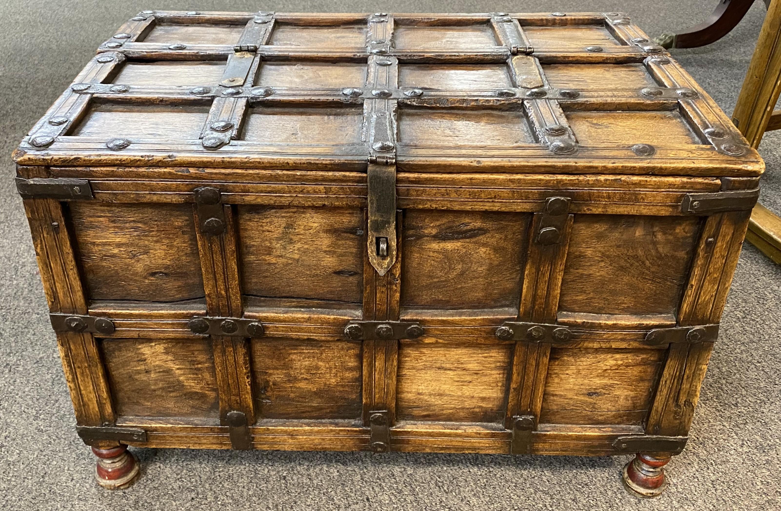A nice example of a small Indian stick box, typically passed down through the family with each generation in the Thar desert area of West Rajasthan and were used as dowry chests. The box is most likely made of kair tree wood from an area where wood