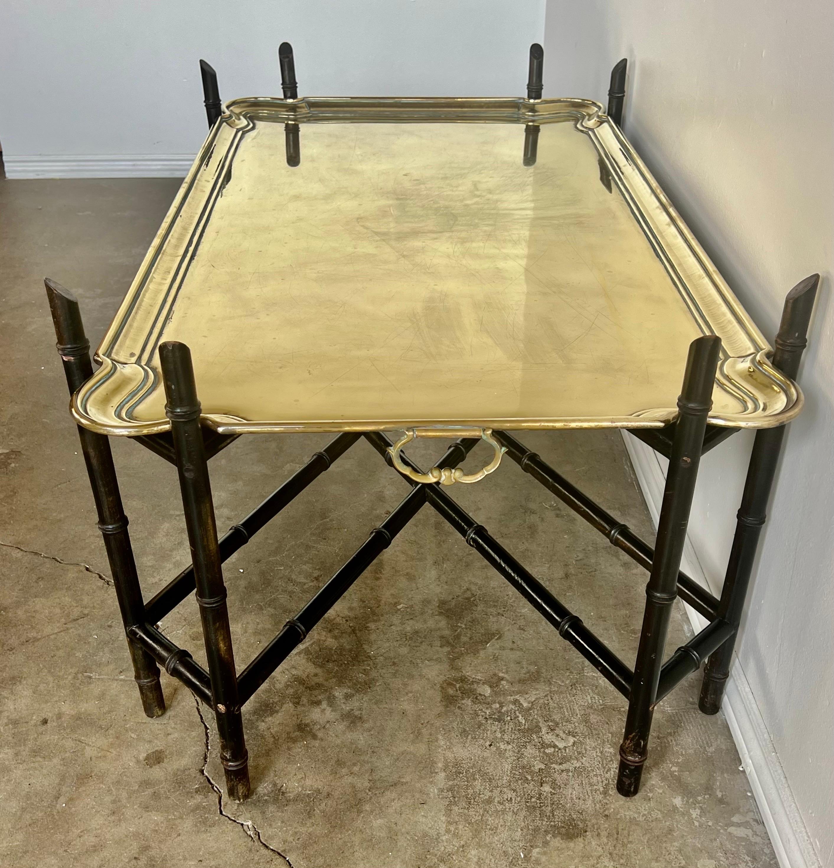 19th C. Solid Brass German Tray on Black Chinoiserie Base For Sale 2