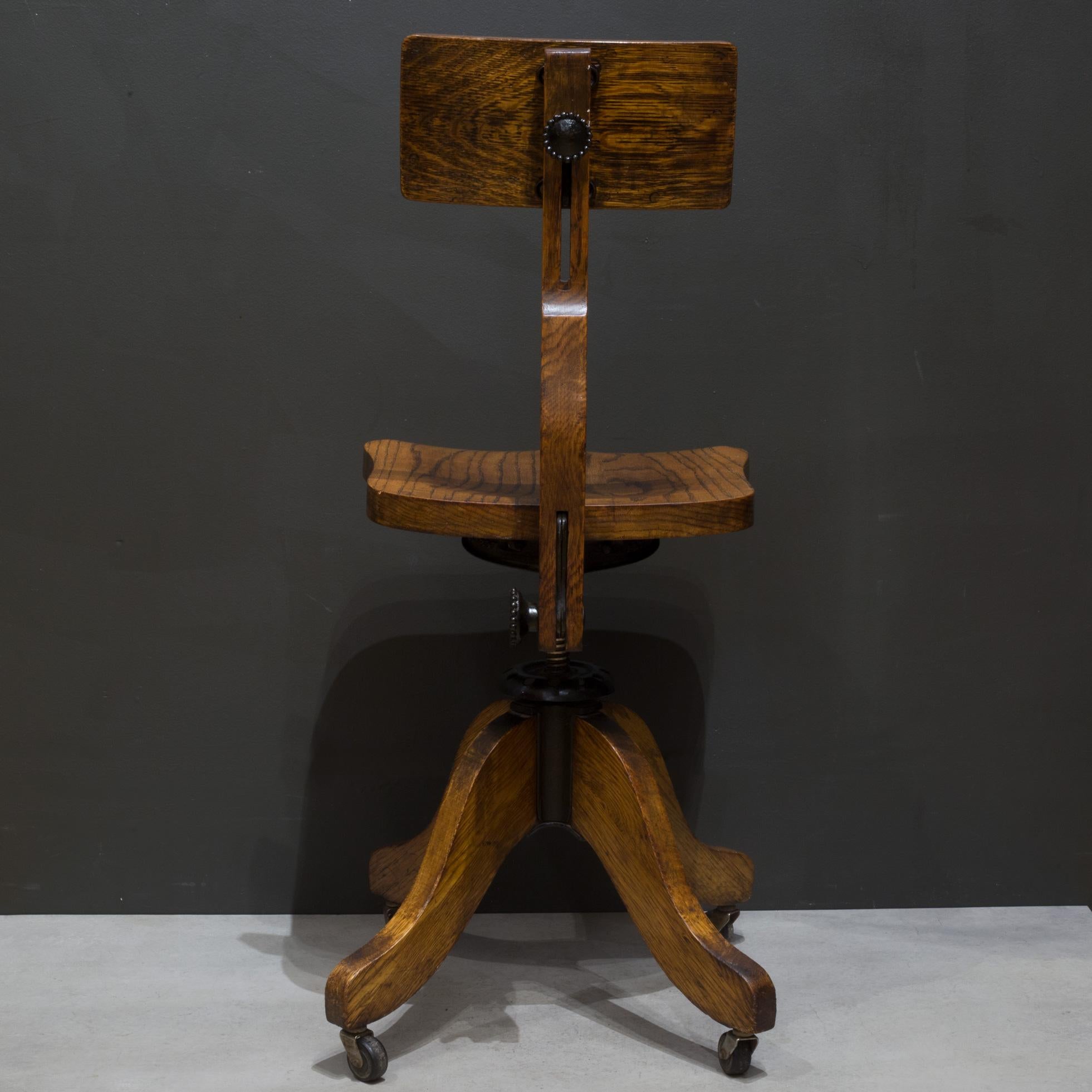 Steel 19th c. Solid Oak Adjustable Swivel Desk Chair c.1897