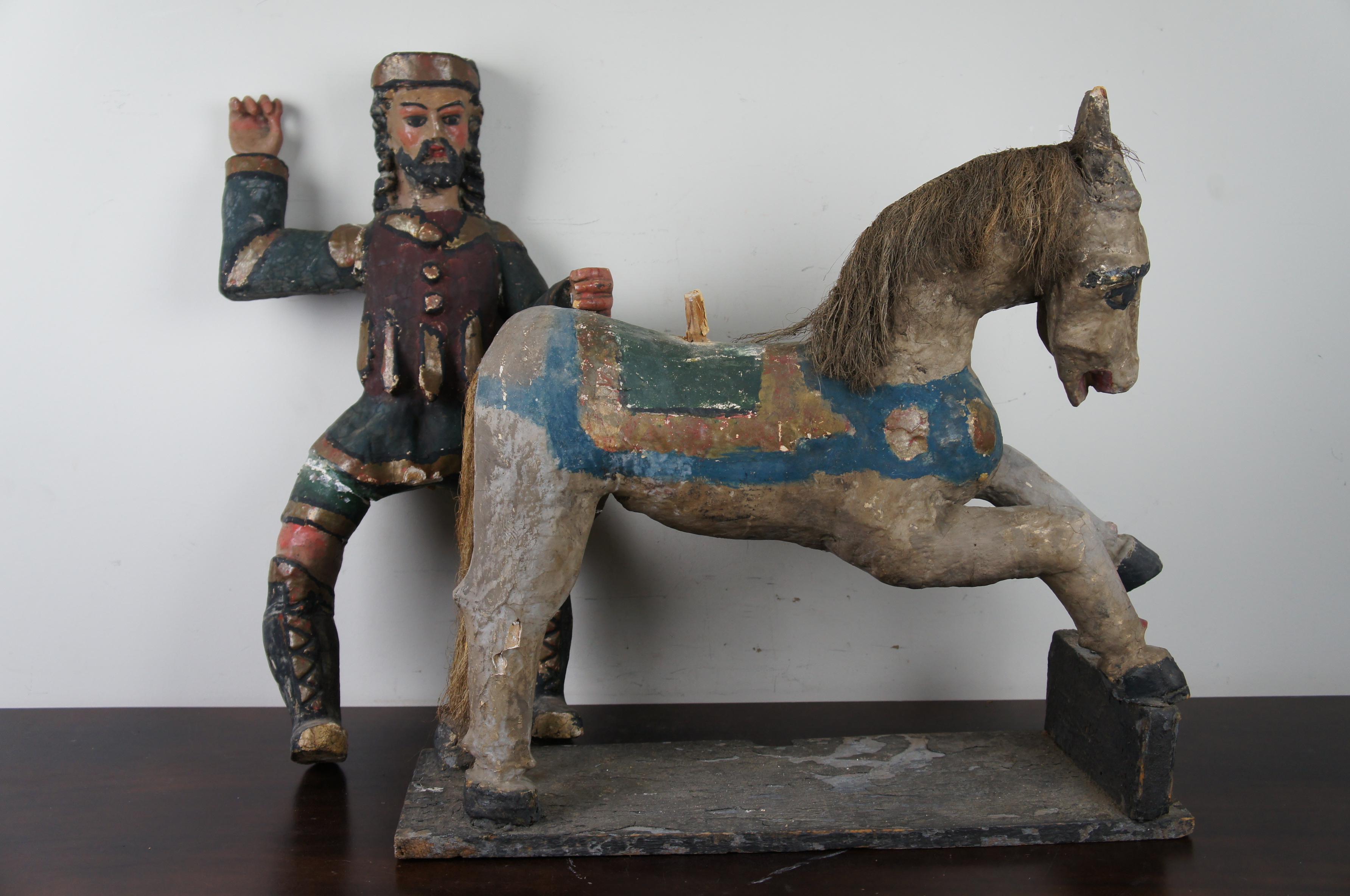 South American Primitive Folk Art Polychrome Santos Figure on Wood Horse 6