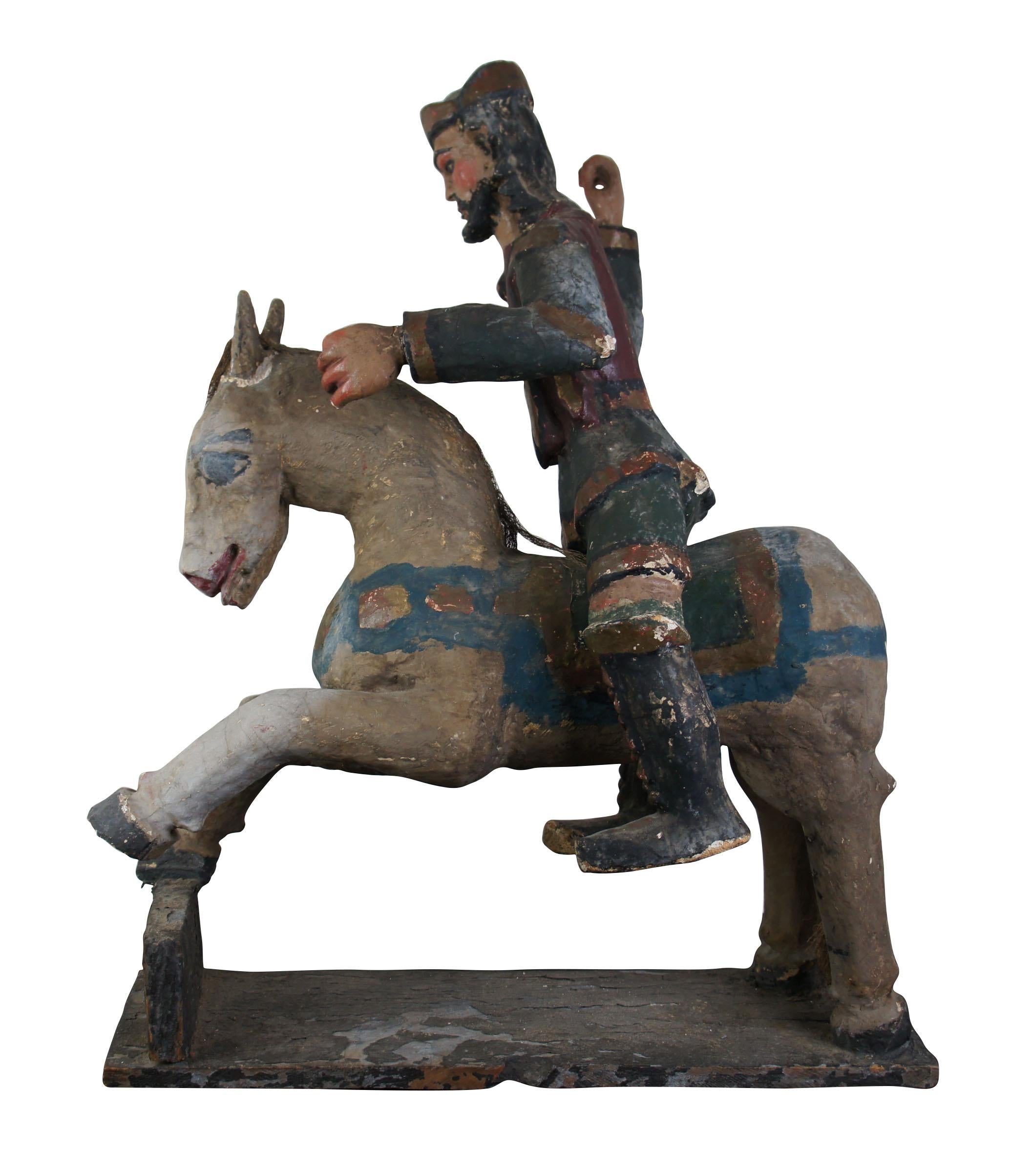 Spanish Colonial South American Primitive Folk Art Polychrome Santos Figure on Wood Horse
