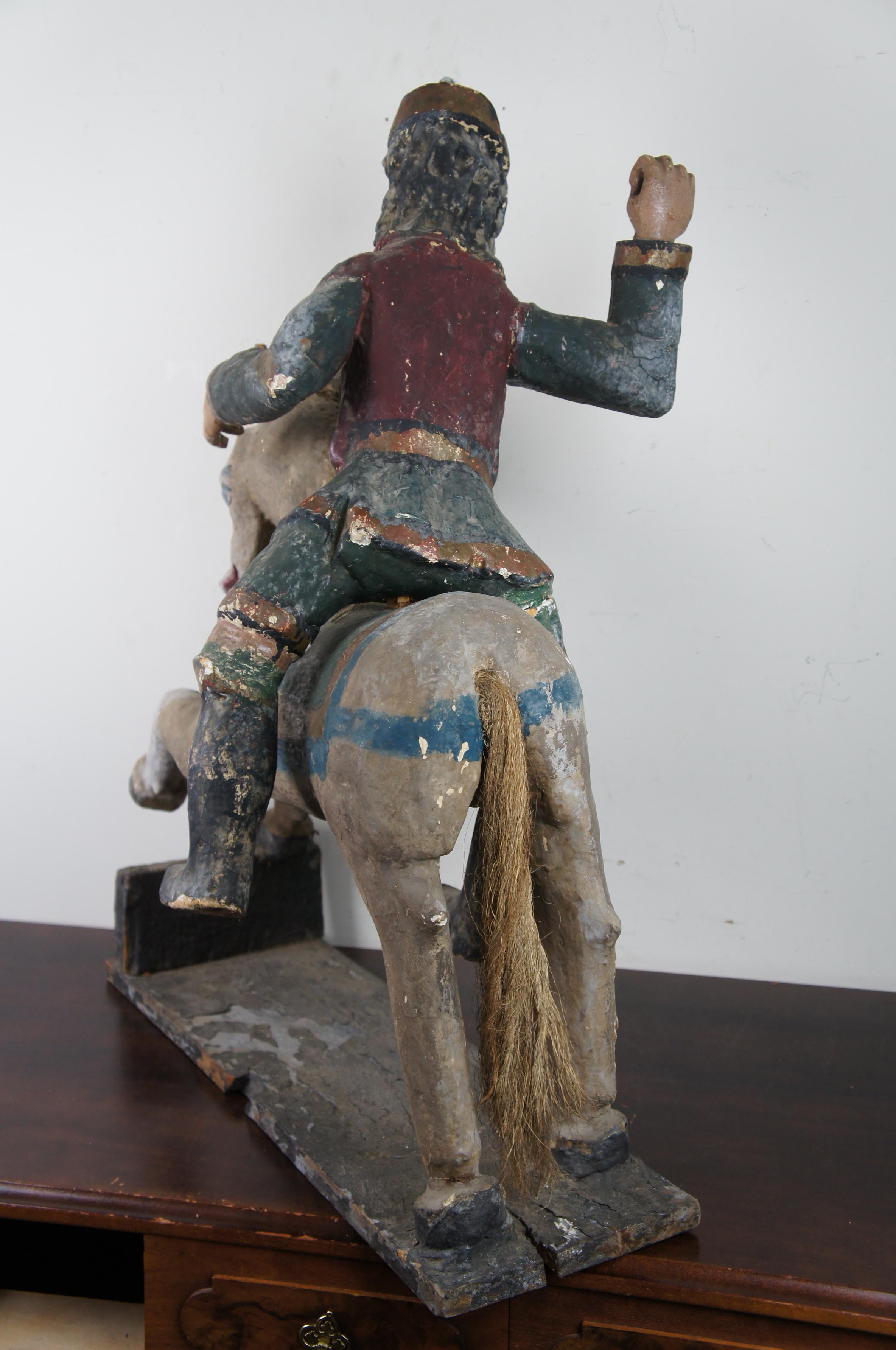 South American Primitive Folk Art Polychrome Santos Figure on Wood Horse In Good Condition In Dayton, OH