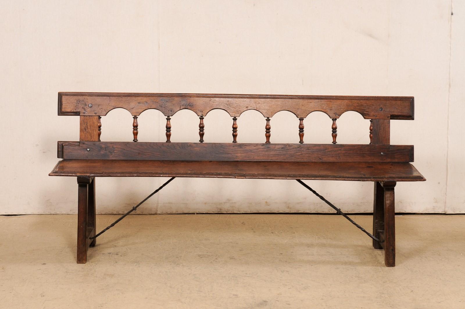19th C. Spanish Arch & Spindle Back Carved-Wood Bench For Sale 4