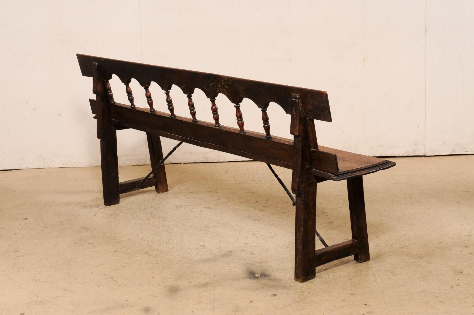 19th C. Spanish Arch & Spindle Back Carved-Wood Bench In Good Condition For Sale In Atlanta, GA