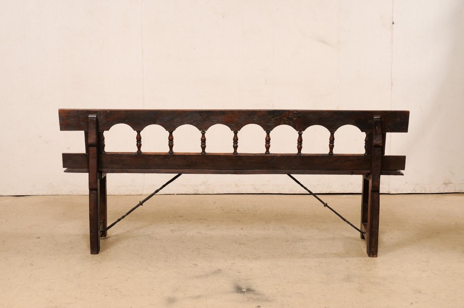 19th Century 19th C. Spanish Arch & Spindle Back Carved-Wood Bench For Sale