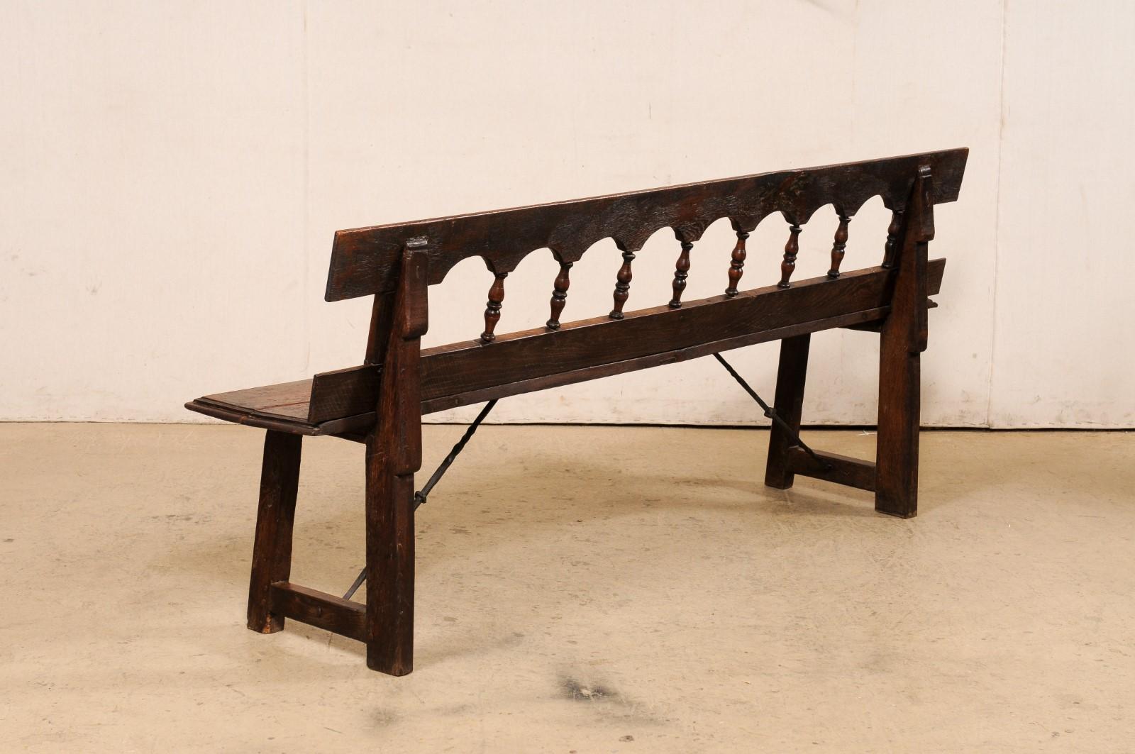 19th C. Spanish Arch & Spindle Back Carved-Wood Bench For Sale 1