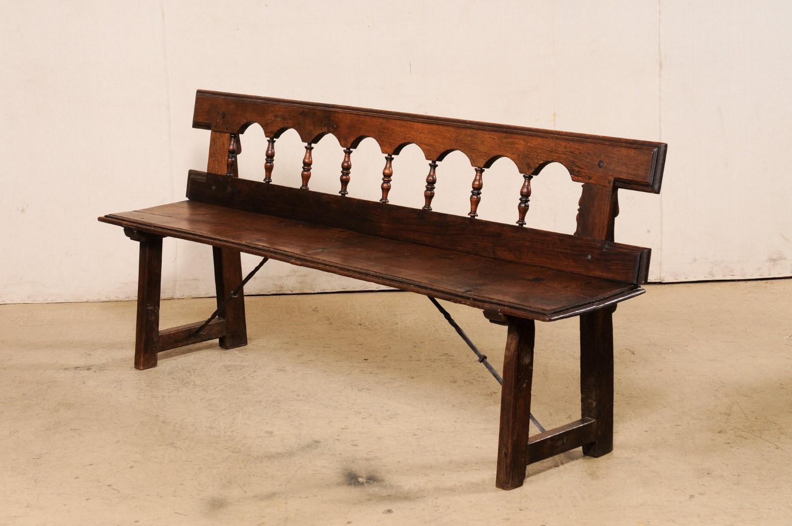 19th C. Spanish Arch & Spindle Back Carved-Wood Bench For Sale 3