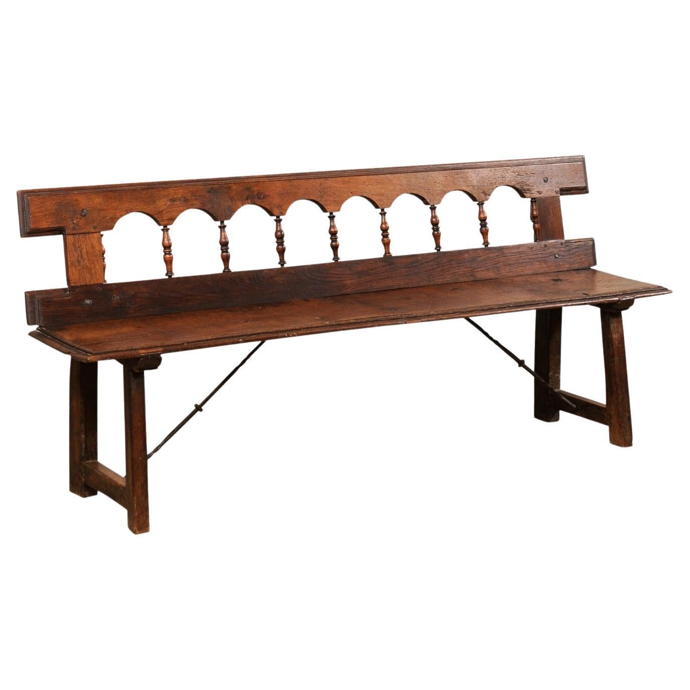 19th C. Spanish Arch & Spindle Back Carved-Wood Bench For Sale