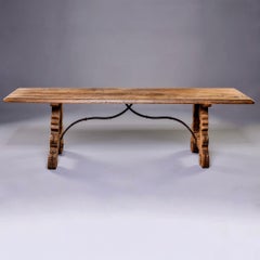 19th C Spanish Baroque Bleached Walnut Table with Lyre Shaped Legs and Iron Stre