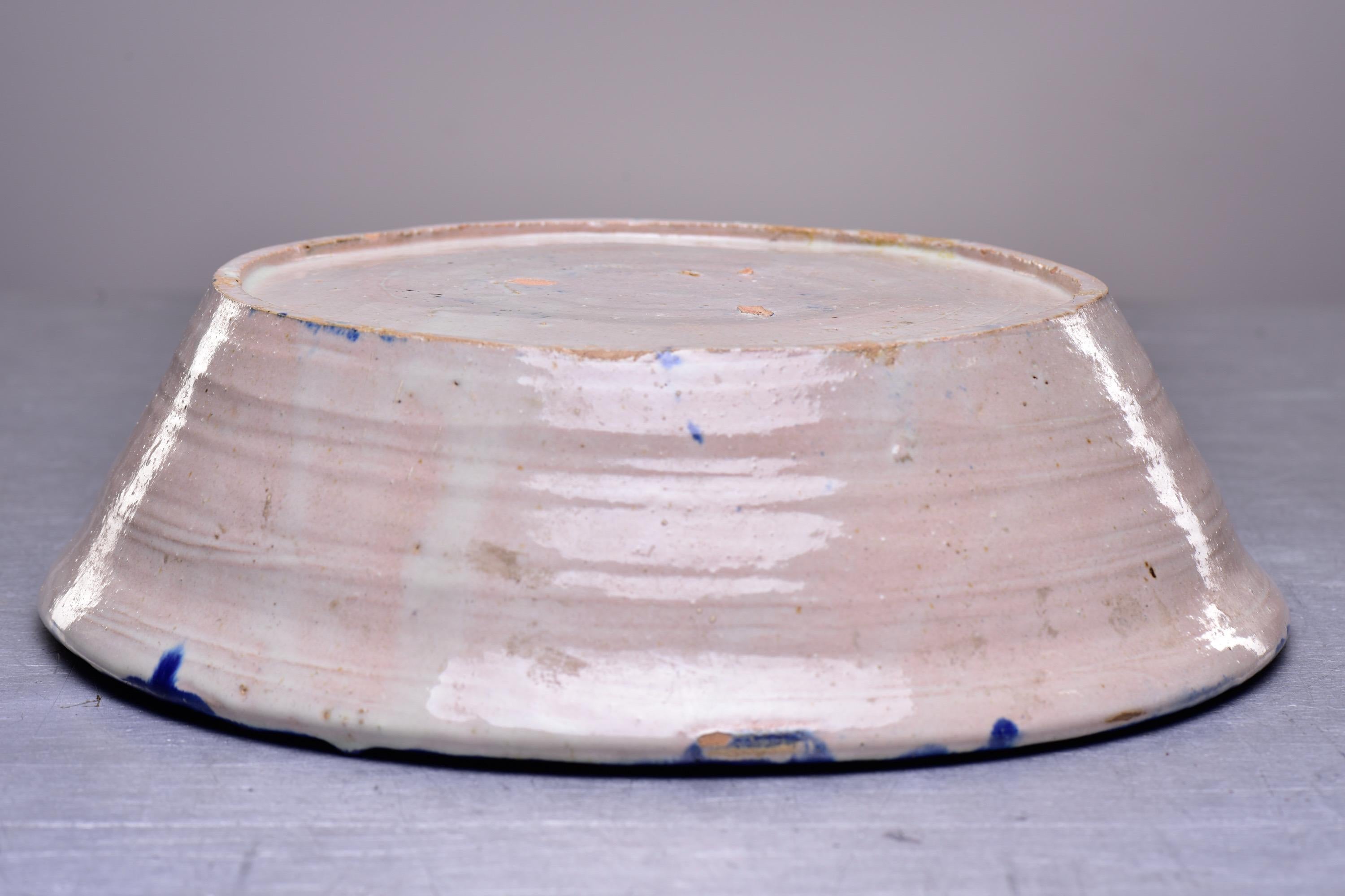19th C Spanish Blue White Fajalauza Glazed Terra Cotta Bowl with Long Beaked Bir 4