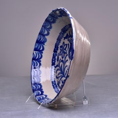19th C Spanish Blue White Fajalauza Glazed Terra Cotta Bowl with Long Beaked Bir
